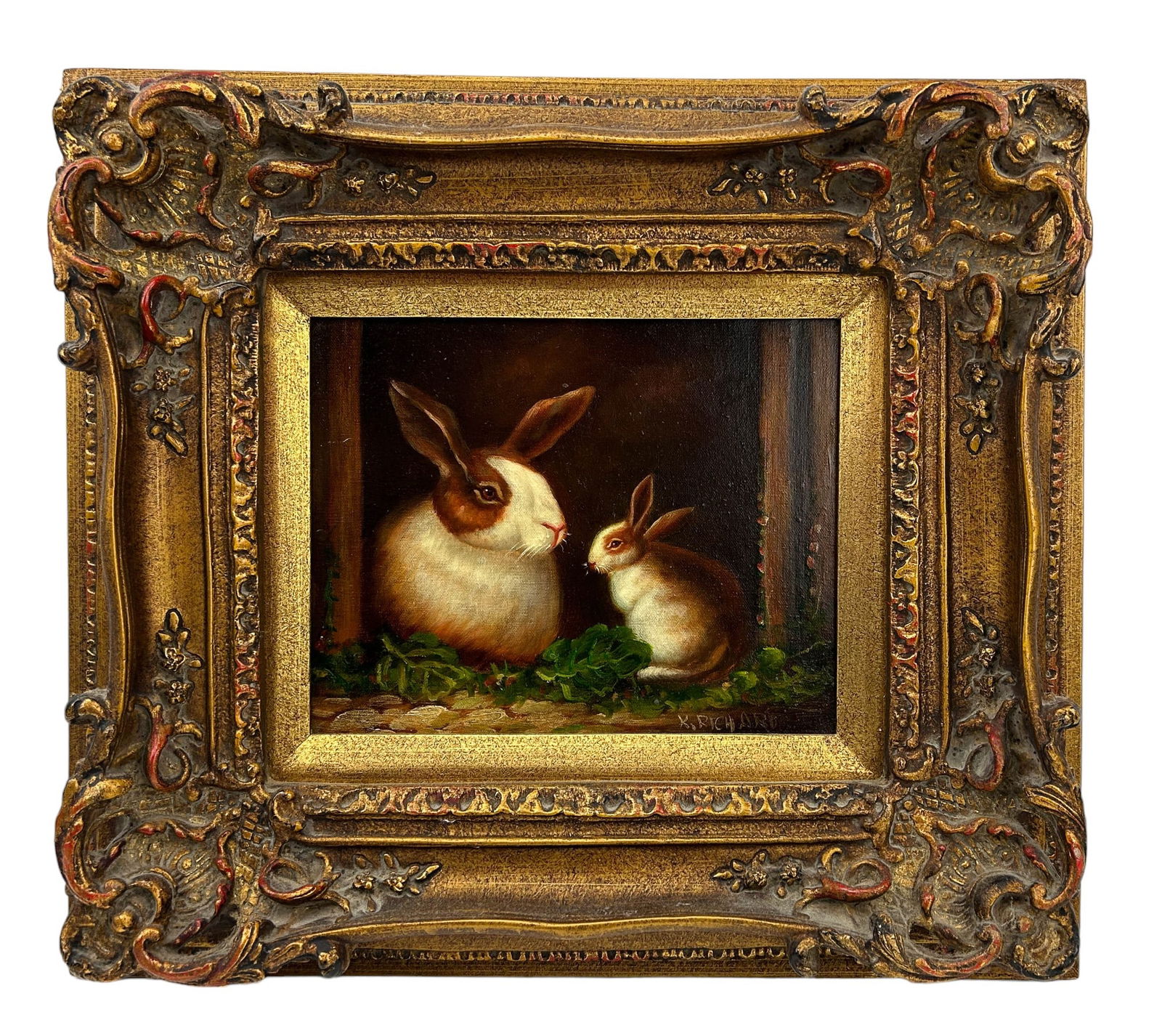 K Richard 20C Bunny Rabbits Barnyard Oil Painting (1 of 4)