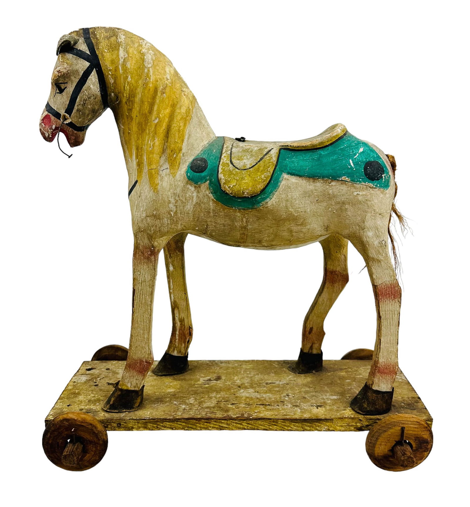 Antique Folk Art Painted Wood Horse Wheel Pull Toy (1 of 4)