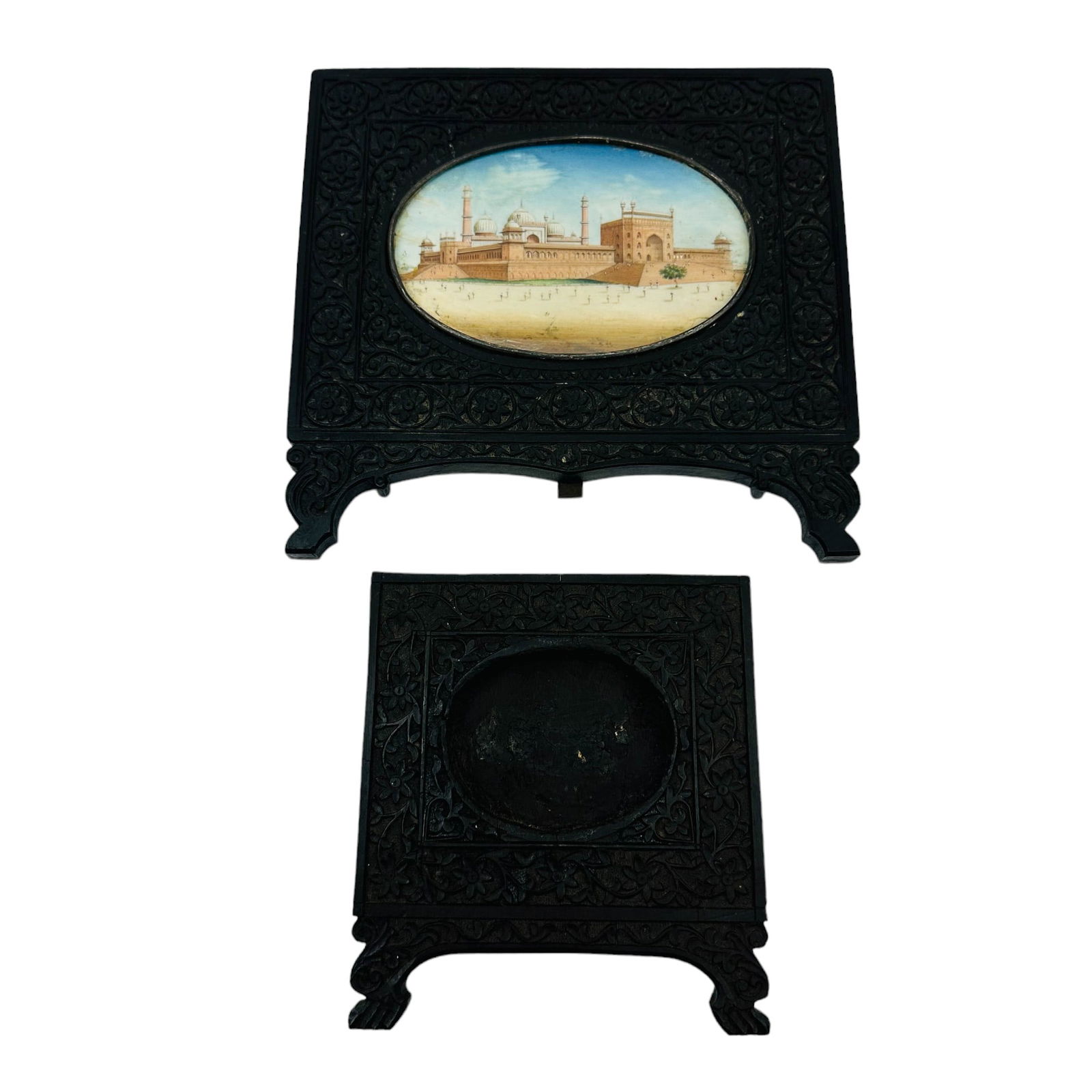 Carved Ebony Wood Framed Painting ESTATE 2pc LOT (1 of 4)