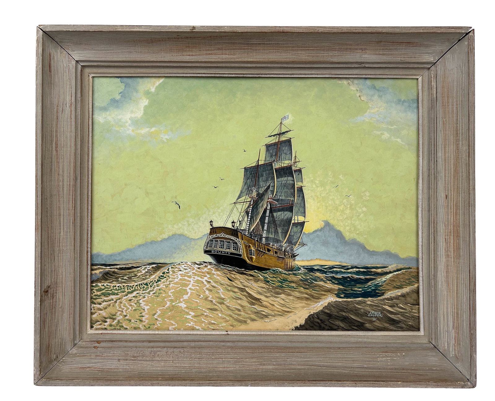 Louis Shafer Nautical Watercolor Gouache Painting: Lewis Shafer ( America, 20th Century ). Watercolor gouache painting on artist board. Depicts a 3 masted sailing vessel "Bounty" with crew members aboard, on oceanic waves. Signed lower right and dated