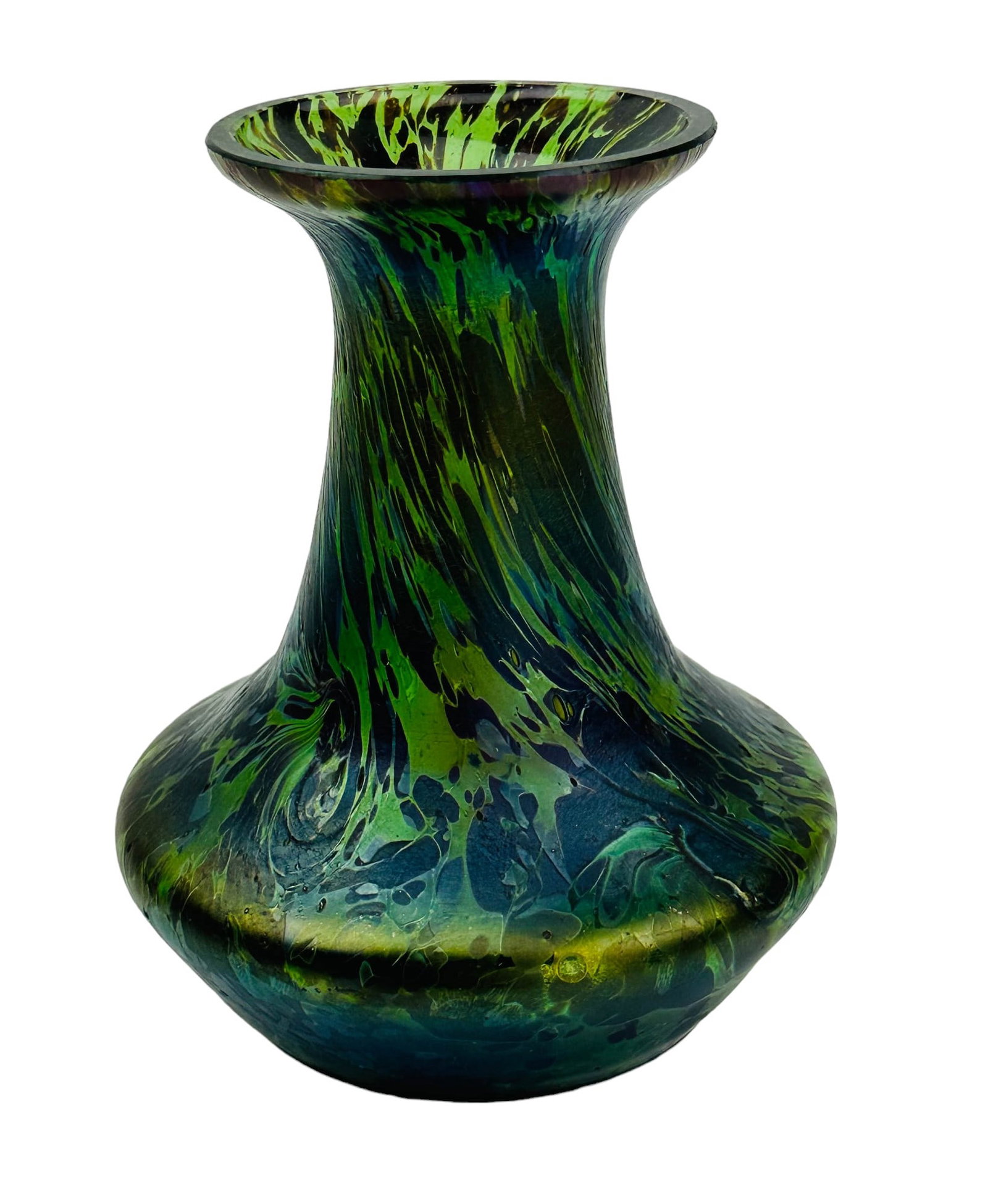 Antique Loetz Iridescent Oil Spot Art Glass Vase: Early 20th century studio artisan hand blown shelf mantle art glass vase. Of simple form with open mouth over a short tapered neck over low sloped shouldered rounded body over circular base. Graced wi