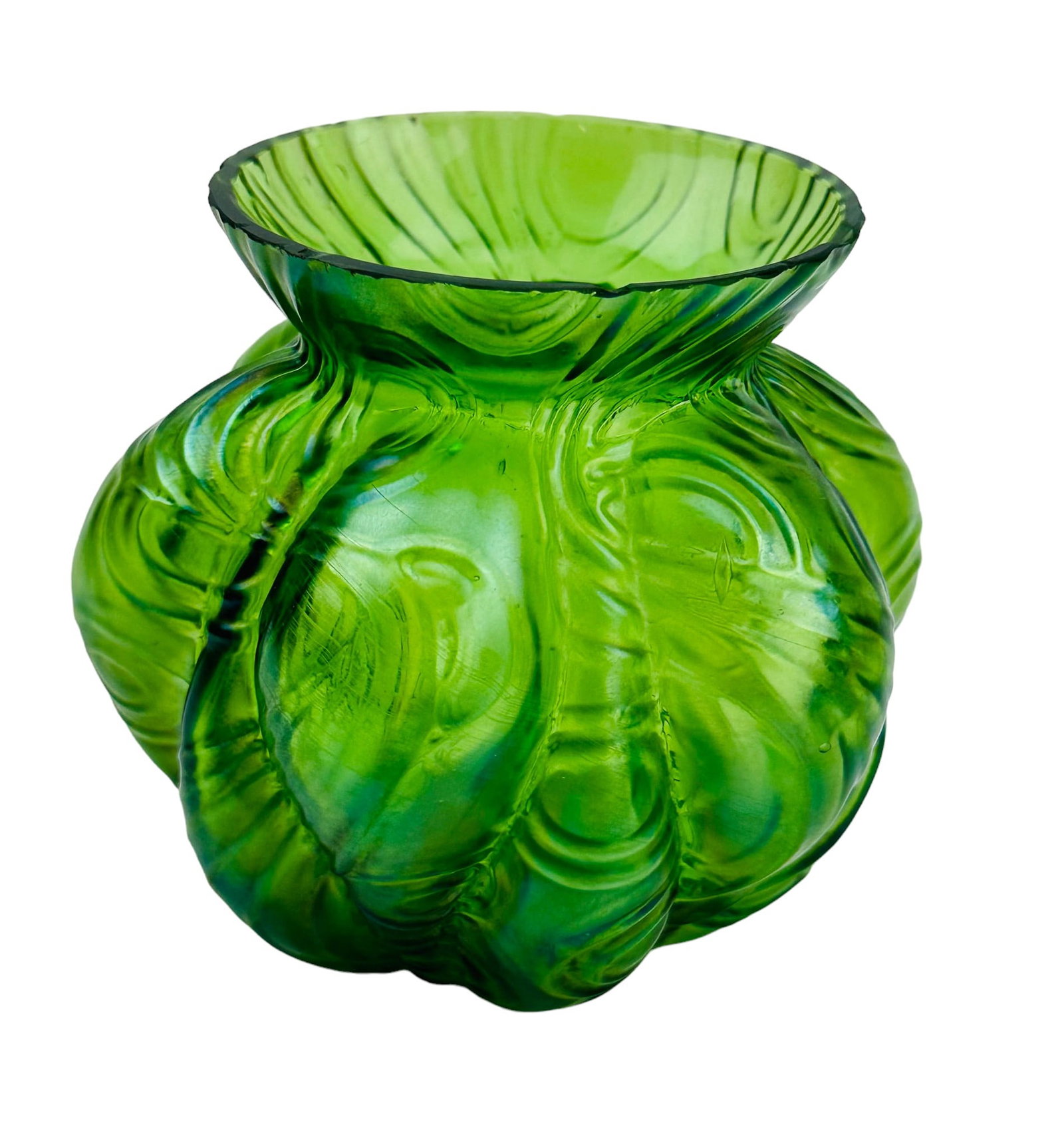 Loetz Style Lobed Iridescent Kralik Art Glass Vase: 20th century European origin studio art glass article. This was Kralik's version of a Loetz "Spiraloptisch" vase. Features a cut and polished rim, the green colored lobed segmented body with raised re