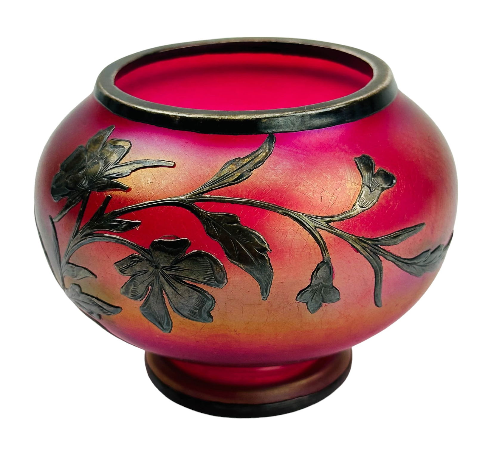 Loetz Style Sterling Overlay Iridescent Glass Vase (1 of 4)