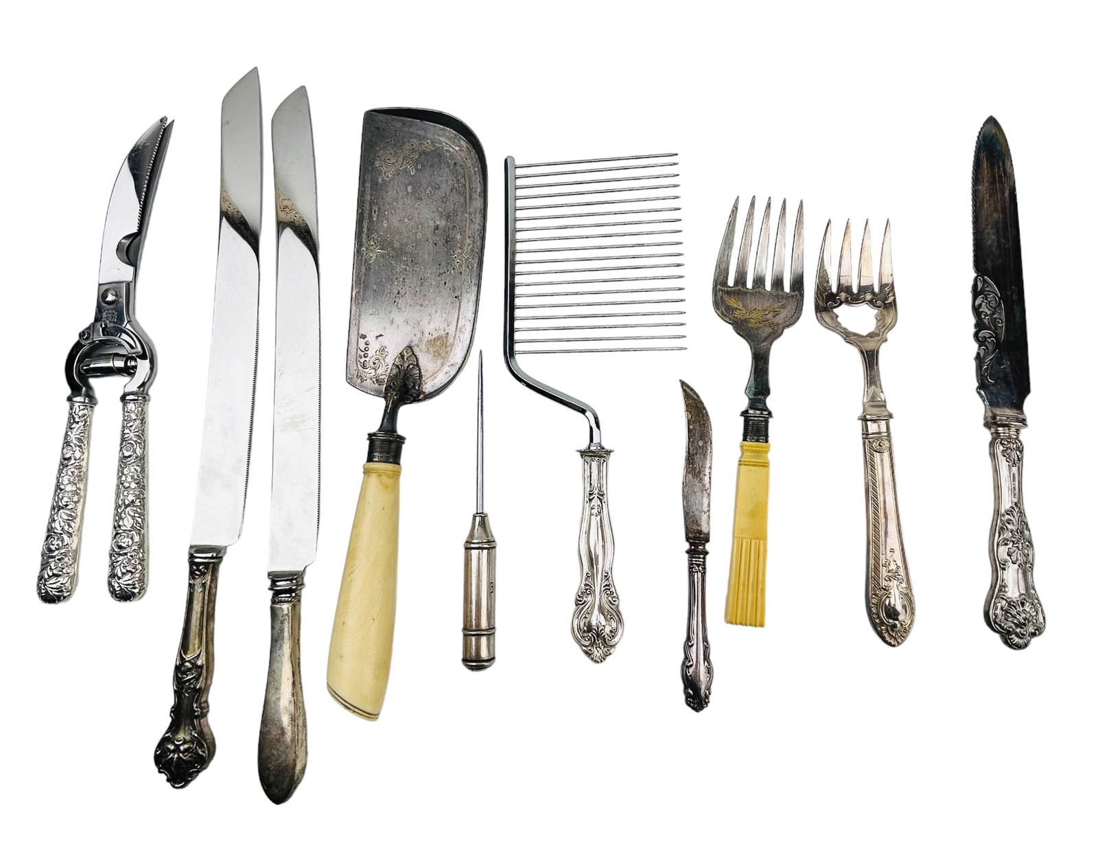 Sterling Handle Fork Grape Shear Crumber 10pc LOT: Includes a total of ten (10) serving flatware cutlery utensils. Of which there are eight (8) with sterling silver 925 handles. Stamped Sterling Handle on one, two (2) with English hallmarks on the fer