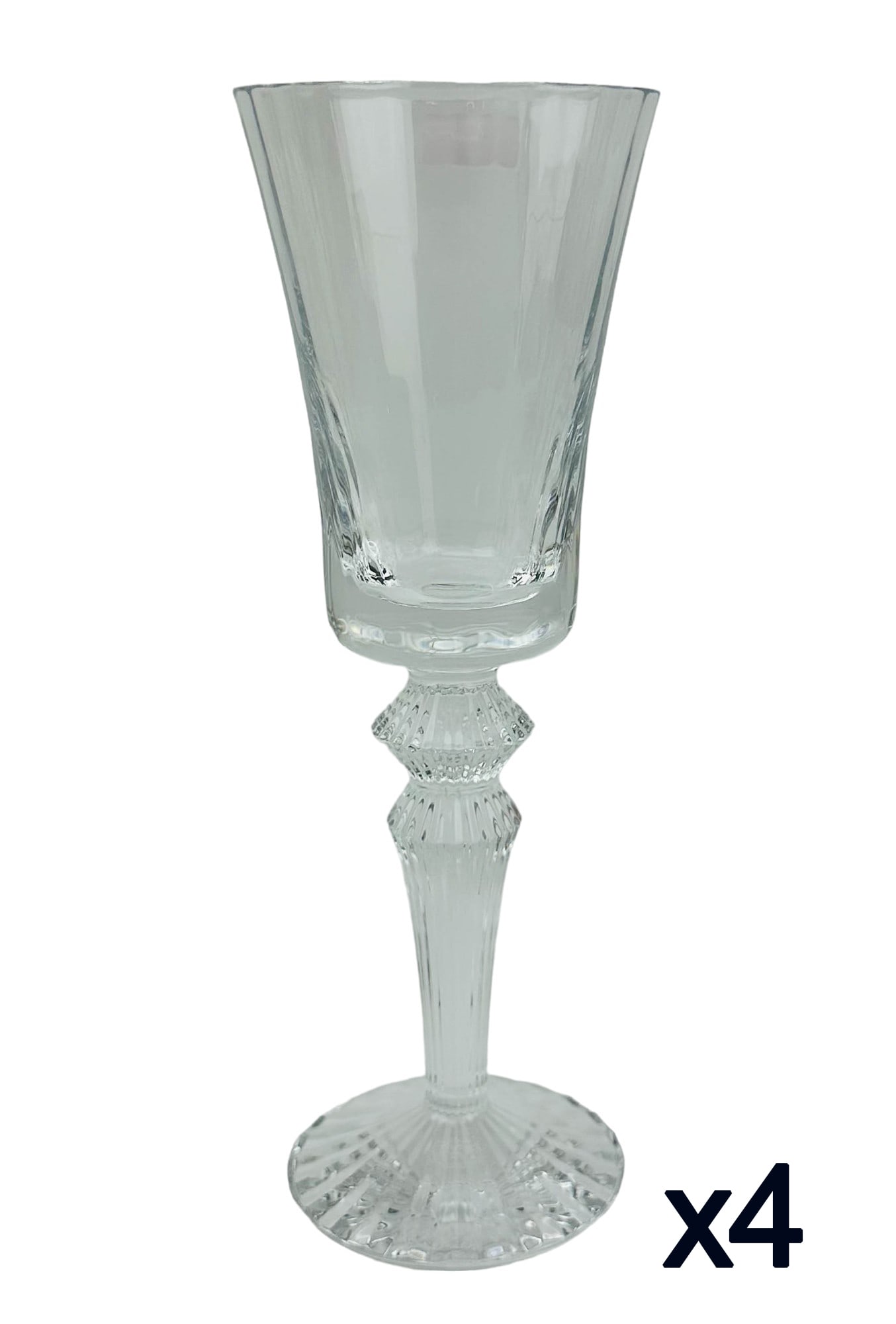 Baccarat Crystal Mille Nuits Red Wine Goblet Set 4: Manufacturer : Baccarat. Country of origin : France. Pattern : Mille Nuits. Status : Active. Type : Burgundy Red Wine Goblets. Pattern inspired by the "1001 Tales of the Arabian Nights". Feature slend
