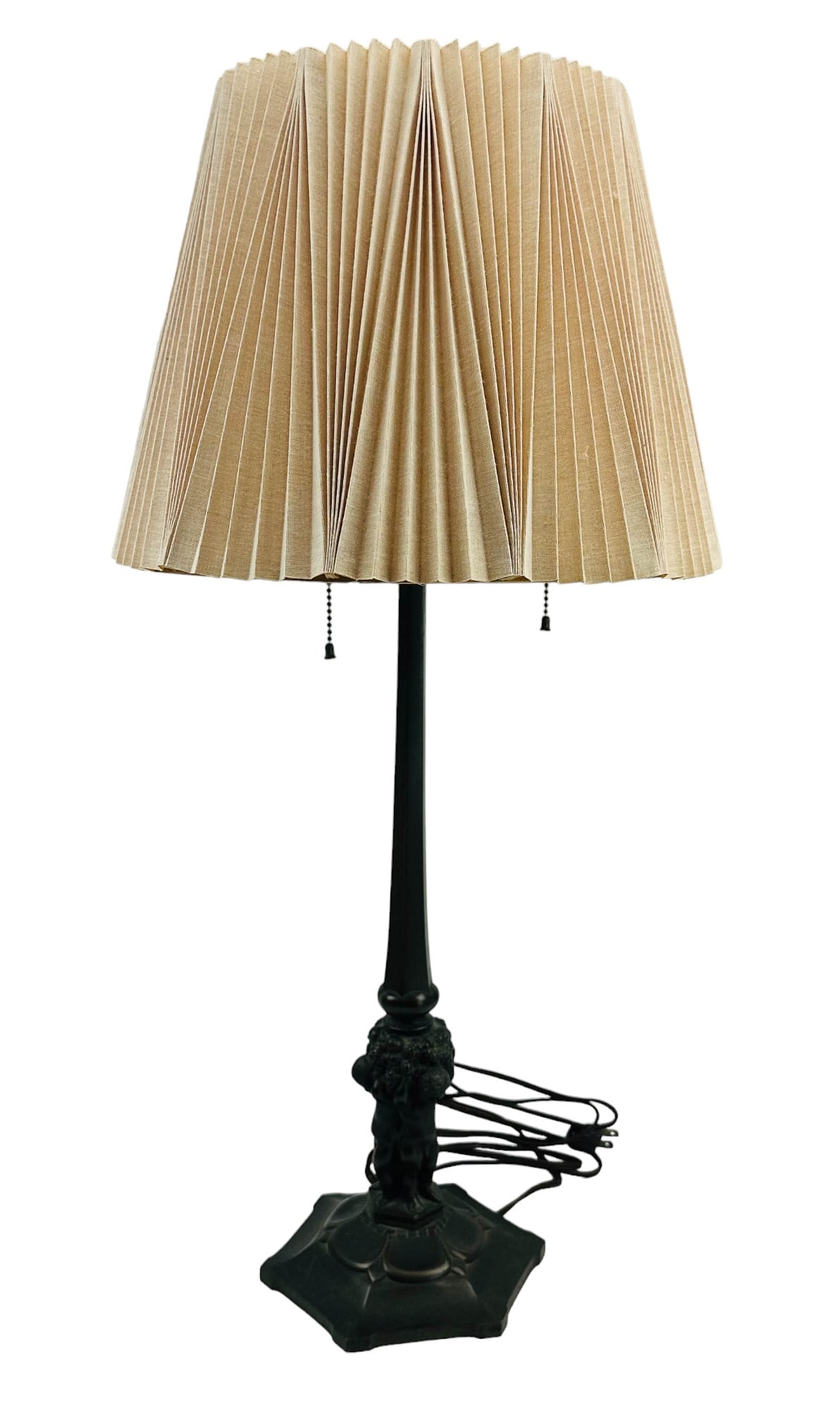 Bronze Art Deco Nude Cherub Floral Desk Table Lamp: Early 20th century library table desk light fixture. Modeled with three (3) mythological nude angel cherubs around the base, standing a six (6) petal flower, supporting floral and fruit forms over the