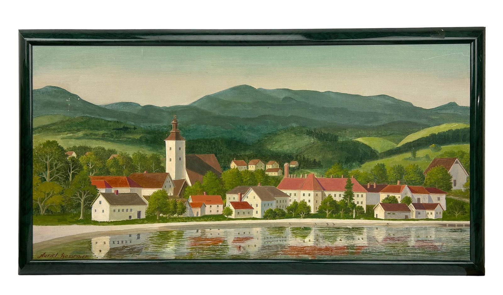 Auriel Bessemer Architectural Landscape Painting: This oil painting on masonite/artist board, created by Auriel Alexander Bessemer (American, 1909 - 1986), depicts architectural buildings and houses with red roofs along a lakefront. Tall hills and gr