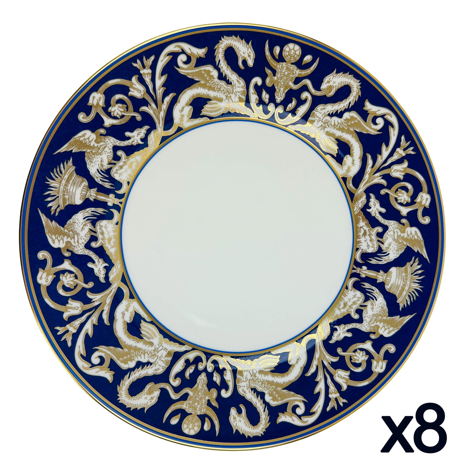 Wedgwood Renaissance Gold Accent Salad Plates 8pc: Manufacturer : Wedgwood. Country of origin : England. Pattern : Renaissance Gold. Circa : 2008. Type : Accent Luncheon Salad Plate. Borders graced with a mythological winged griffin, torch, cow skull 