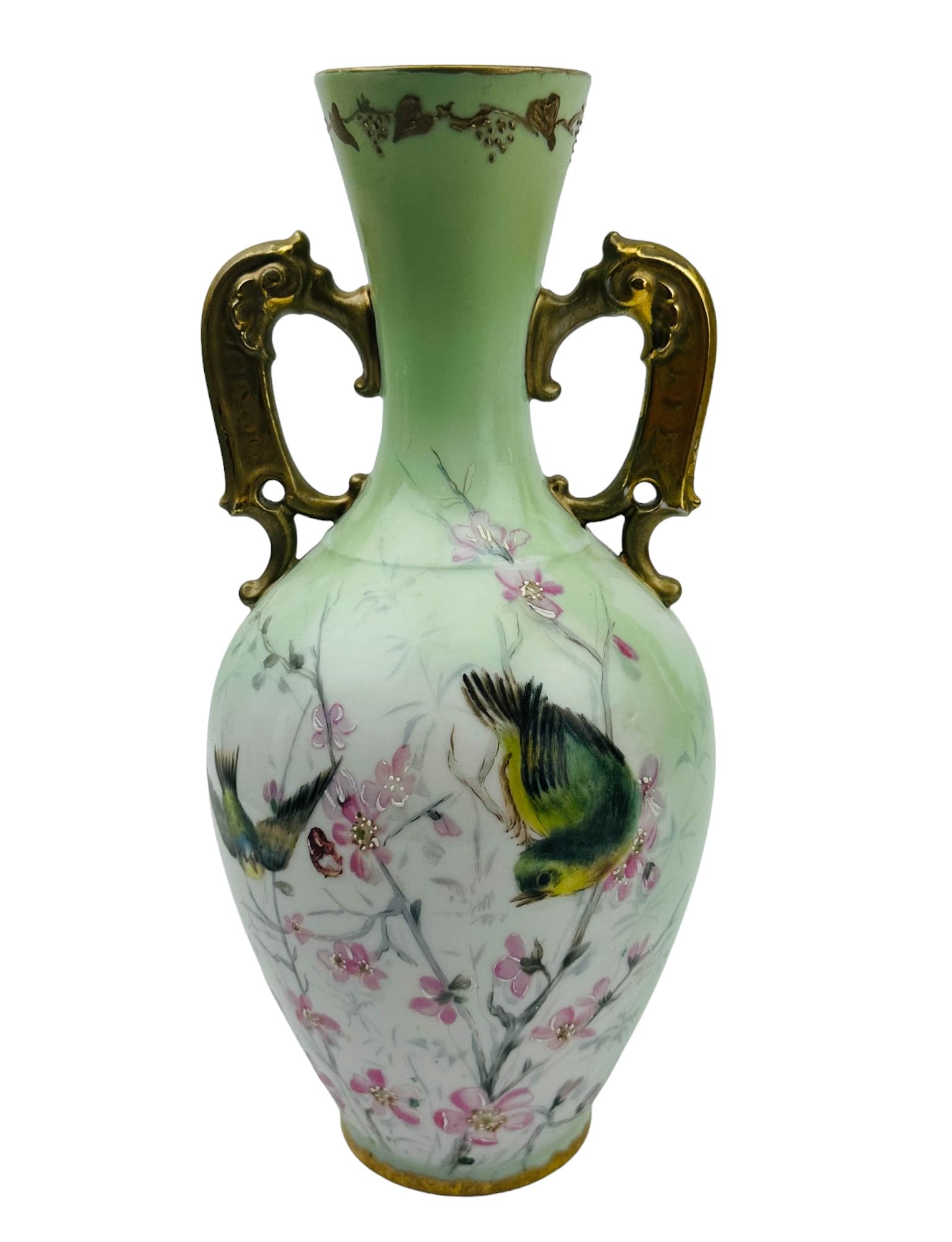 Delinieres Co Art Nouveau Porcelain Painted Vase: French early 20th century hand painted shelf mantle decorative porcelain vase. Graced with brightly colored woodland type birds seated and flying amidst flowering shrubs against a pastel pink and gree