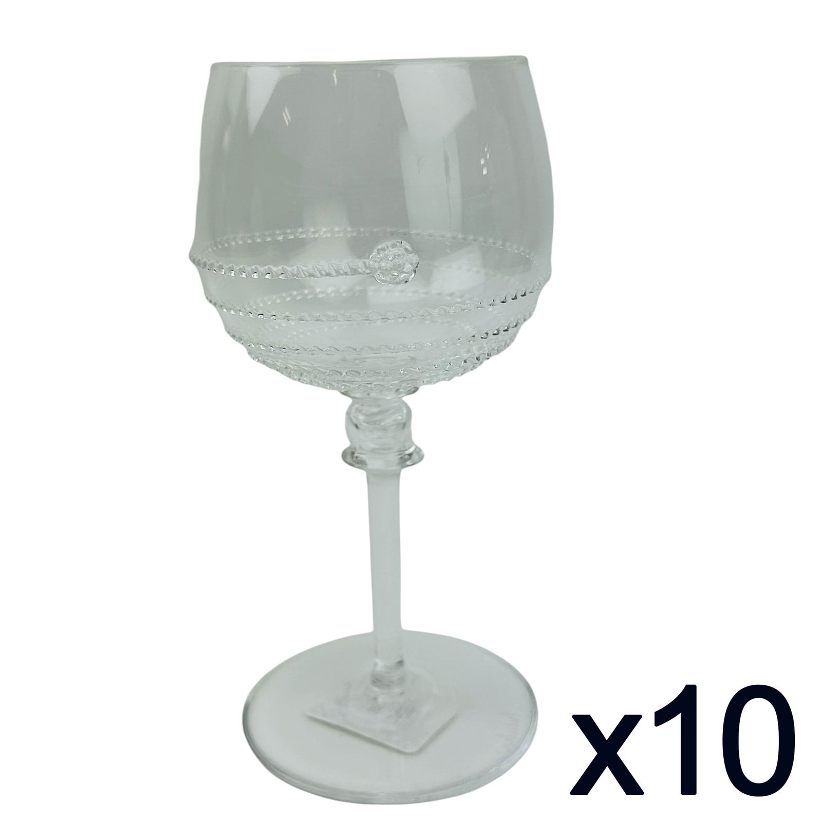 Juliska Crystal Amalia Clear White Wine Goblet 10p: Manufacturer : Juliska. Country of origin : Prague, Czech Republic. Pattern : Amalia Clear. Circa : 2008. Type : White Wine Balloon Glasses. Design features a spiral beaded pattern around the bowl. Si