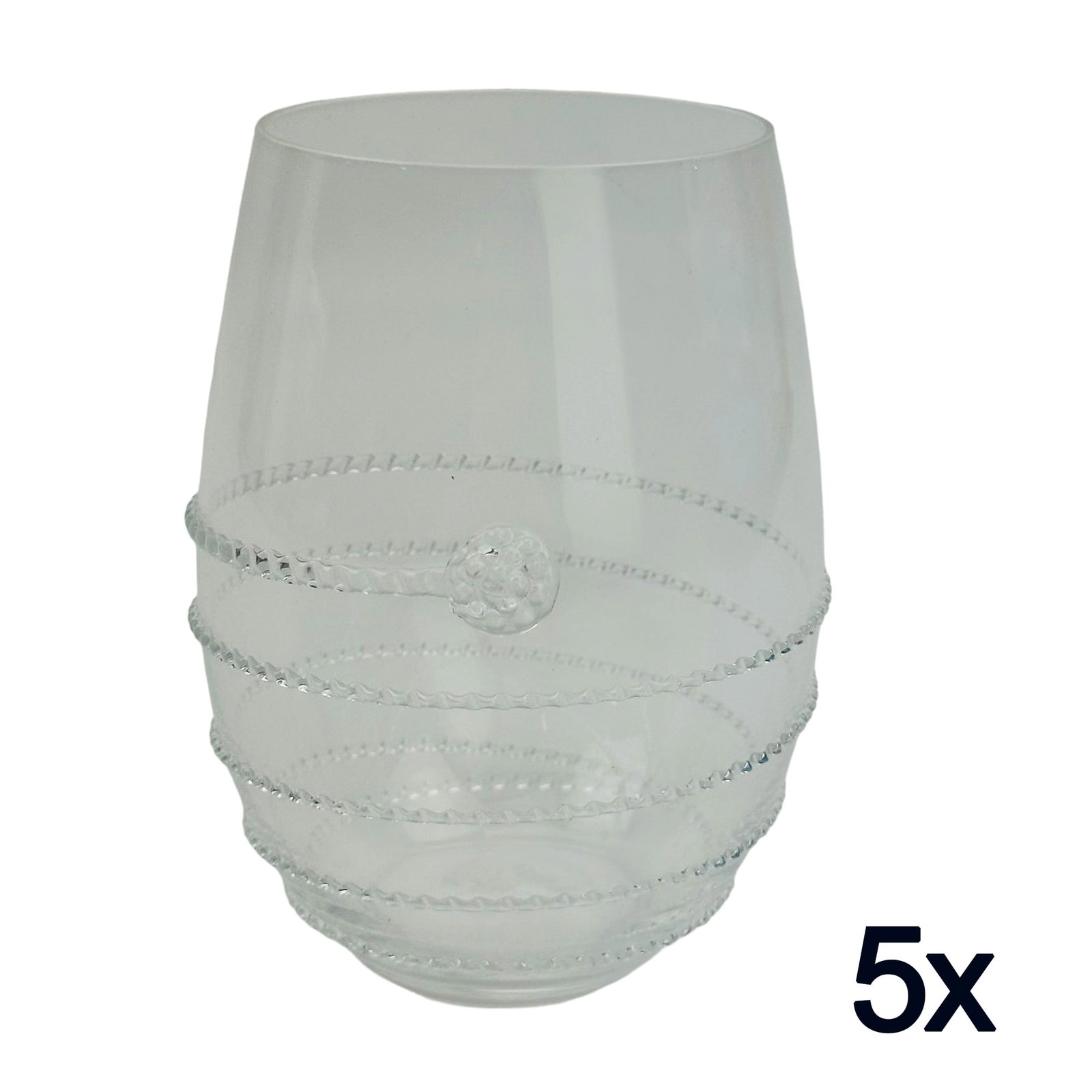 5 Juliska Crystal Amalia Clear Stemless White Wine: Manufacturer : Juliska. Country of origin : Prague, Czech Republic. Pattern : Amalia Clear. Circa : 2008. Type : Stemless White Wine Glasses. Design features a spiral beaded pattern around the body. S