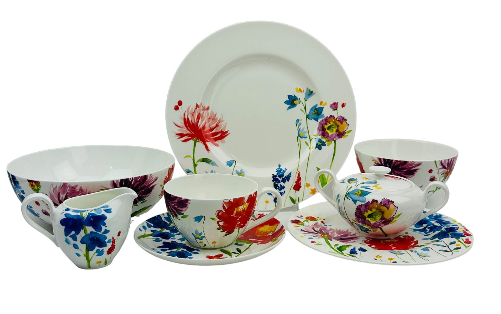 Villeroy Boch Anmut Flowers Porcelain Dinnerware: Manufacturer : Villeroy & Boch. Country of origin : Germany. Pattern : Anmut Flowers. Production years : 2014 - 2019. Design features brightly colored spring flowers against a crisp white ground. Tota