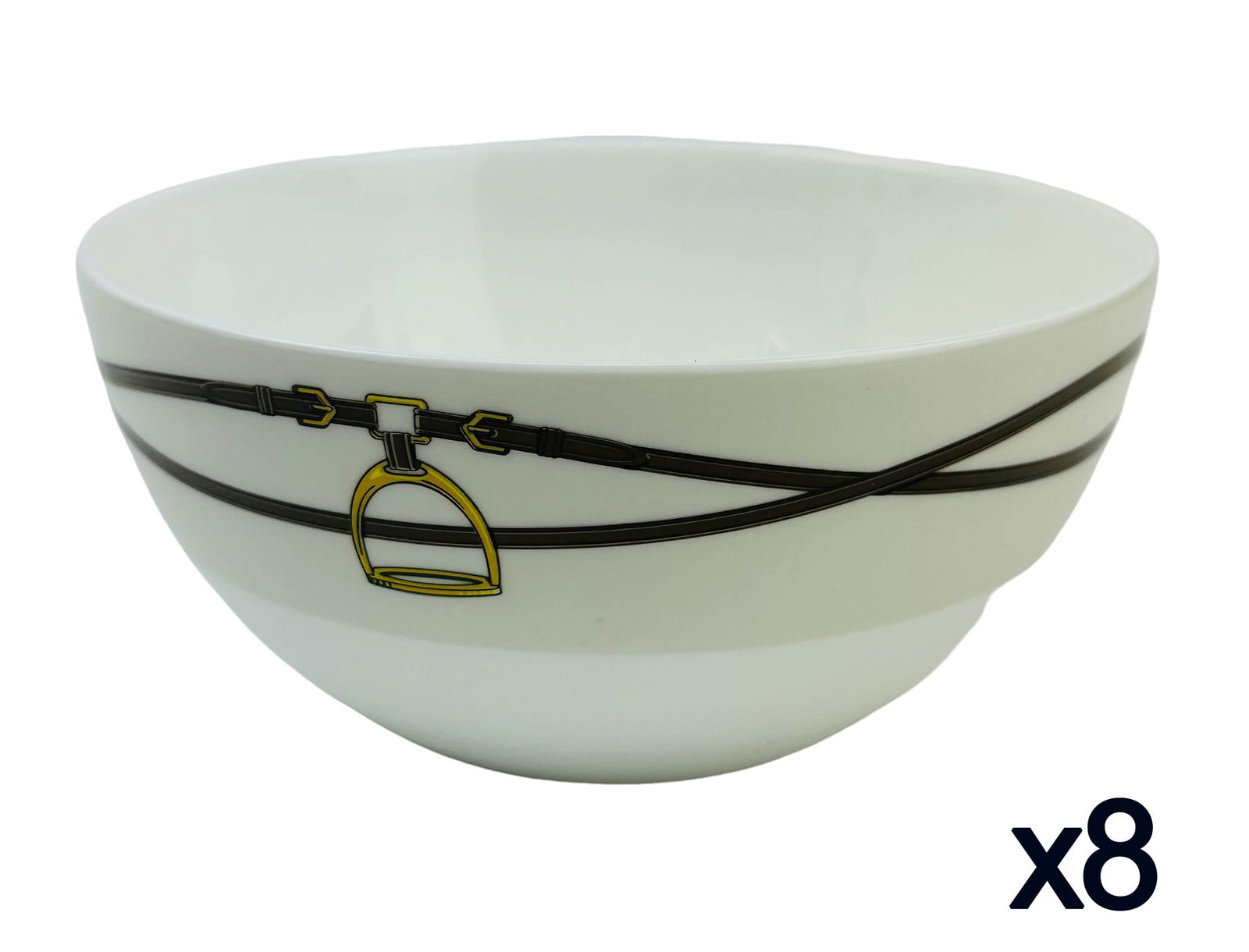 Ralph Lauren Porcelain Bromley Fruit Dessert Bowls: Manufacturer : Ralph Lauren. Country of origin : Japan. Pattern : Bromley. Production years : 2015 - 2017. Features an iconic equestrian theme belting motif pattern against a crisp white ground. Signe