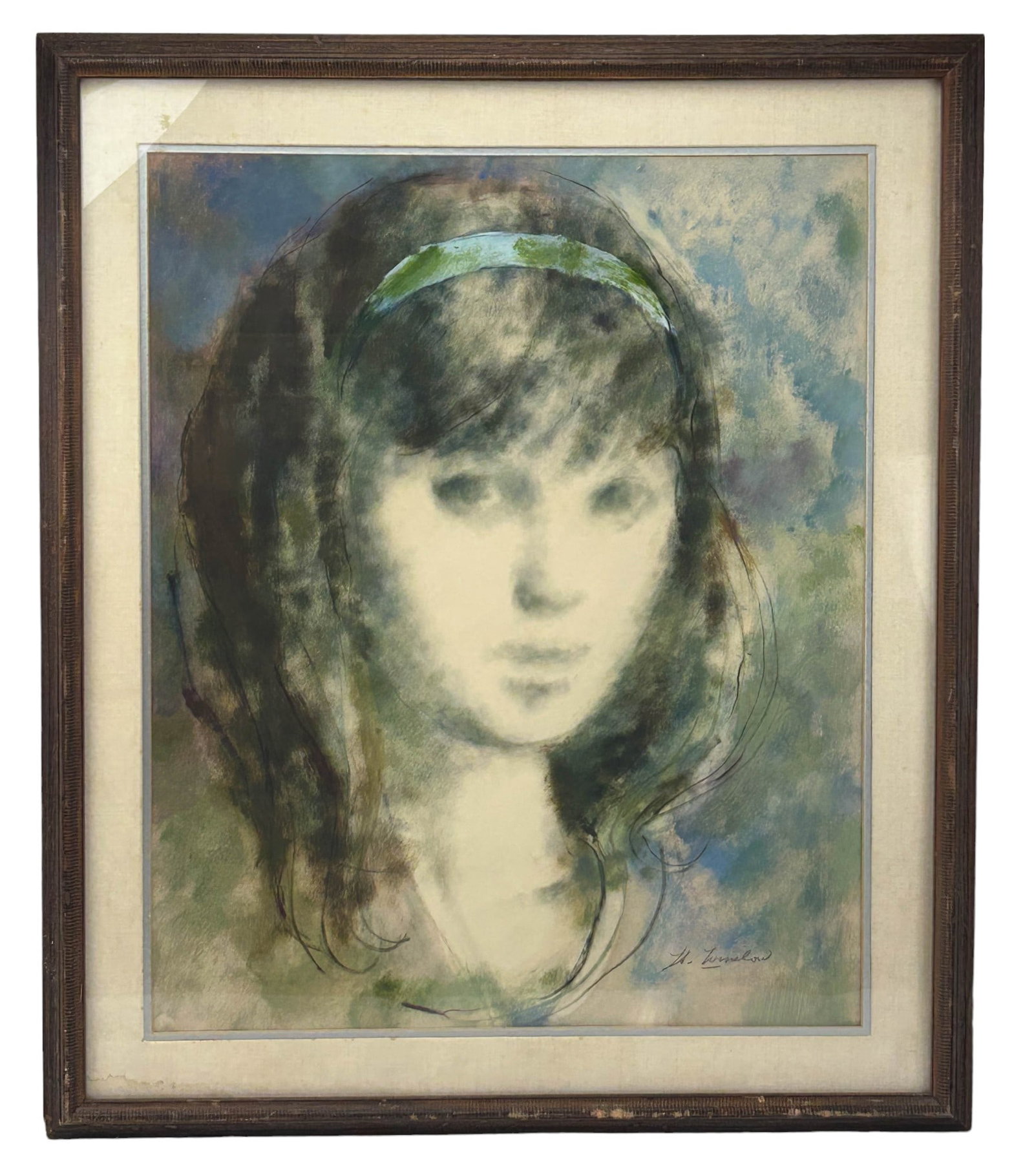 Helen Winslow 1916-2008 Mixed Media Girl Painting: Helen Caudle Winslow ( American, 1916 - 2008 ). Mixed media on artist paper board. Subject matter depicts the portrait face of a young girl wearing a green headband. Signed lower right. Verso with sol