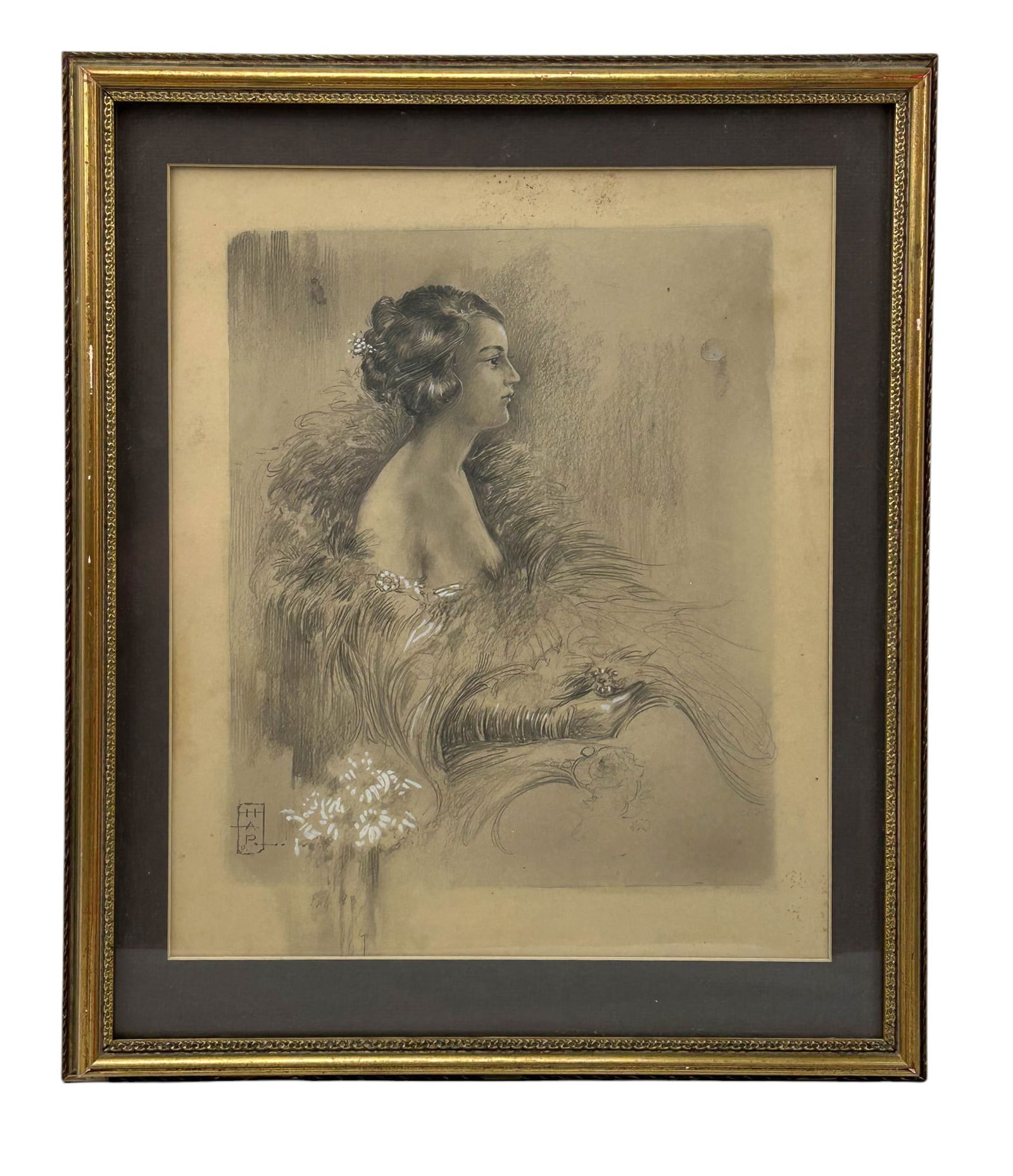 Art Deco Socialite Lady Pencil Drawing SIGNED HAR (1 of 5)
