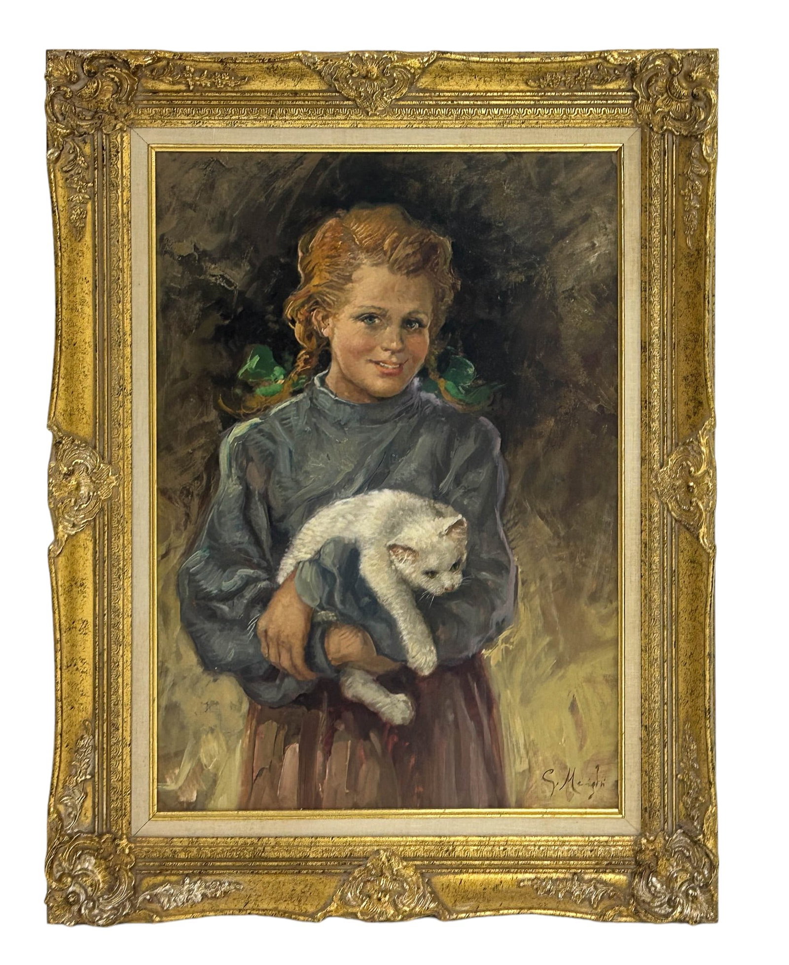 Giuseppe Merighi 1936-2008 Girl w Cat Oil Painting: Giuseppe Merighi ( Italian, 1936 - 2008 ). Oil on canvas painting. Depicts a young girl with blonde hair and blue eyes, happily smiling, as she holds her white cat in her arms. Signed lower right corn