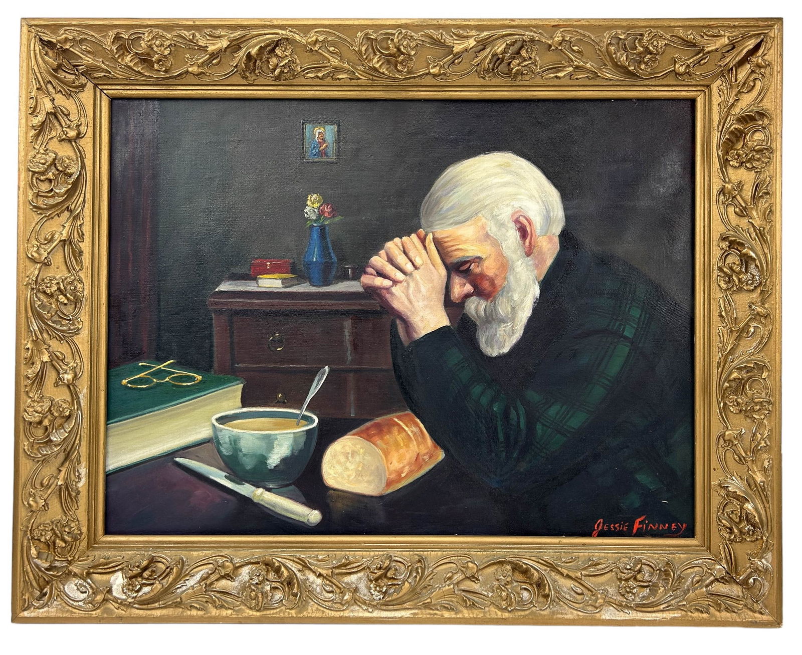 Jessie Finney 20thC Man Giving Grace Oil Painting (1 of 3)