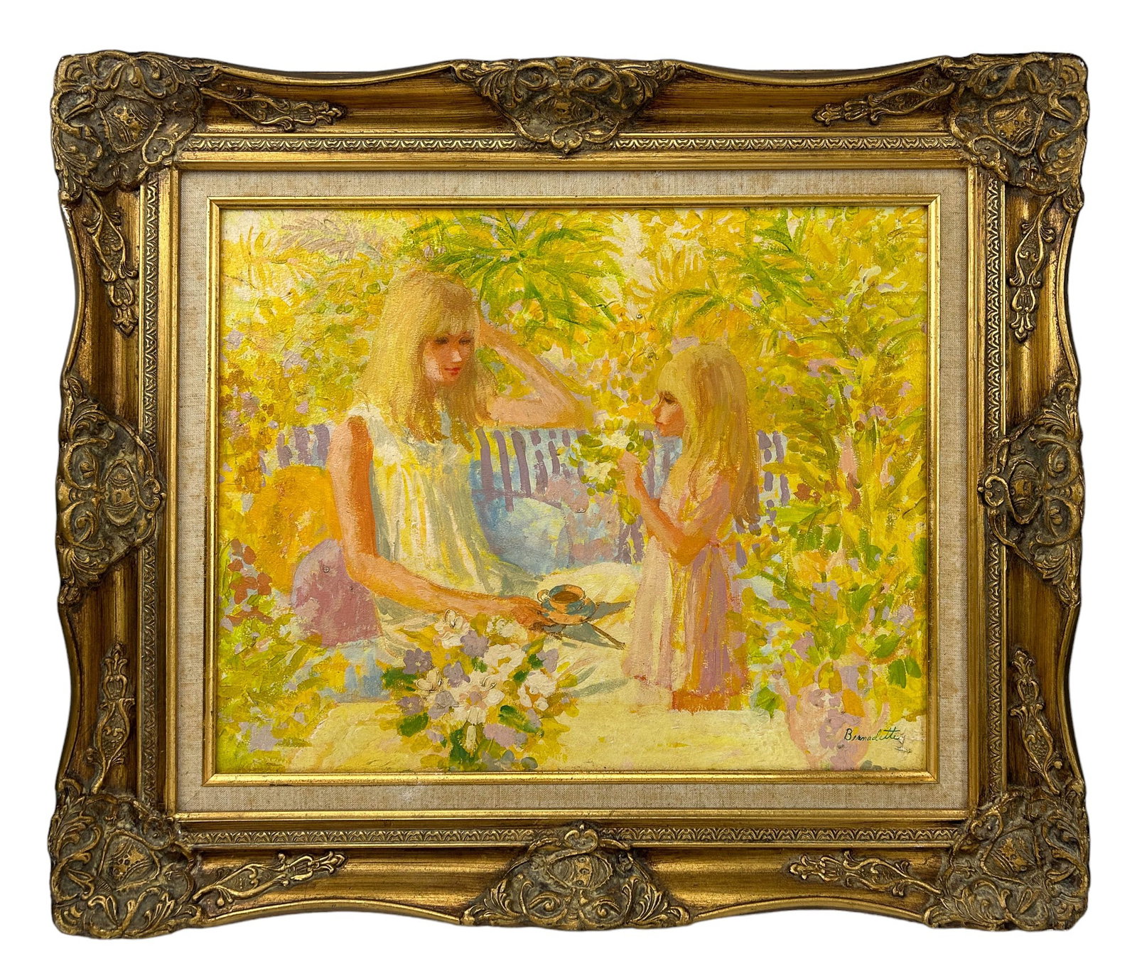 Bernadette Hughes b 1945 Impressionist Oil Painting: Bernadette Hughes ( American, Born 1945 ). Oil painting on canvas. Subject matter depicts an interaction with mother and child having tea, in an outdoor garden type setting. Signed lower right corner.