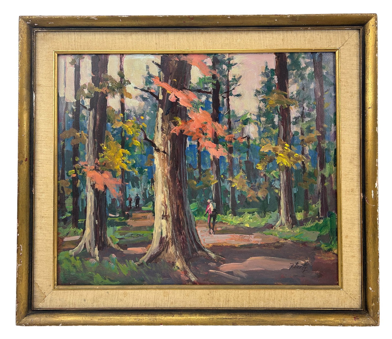 Frank Beatty 1899-1984 Impressionist Oil Painting: Frank Beatty ( American / Canadian 1899 - 1984 ). Oil painting on board. Subject matter depicts a figural forest landscape trail scene executed in an Impressionist style. Signed lower right corner. Ar