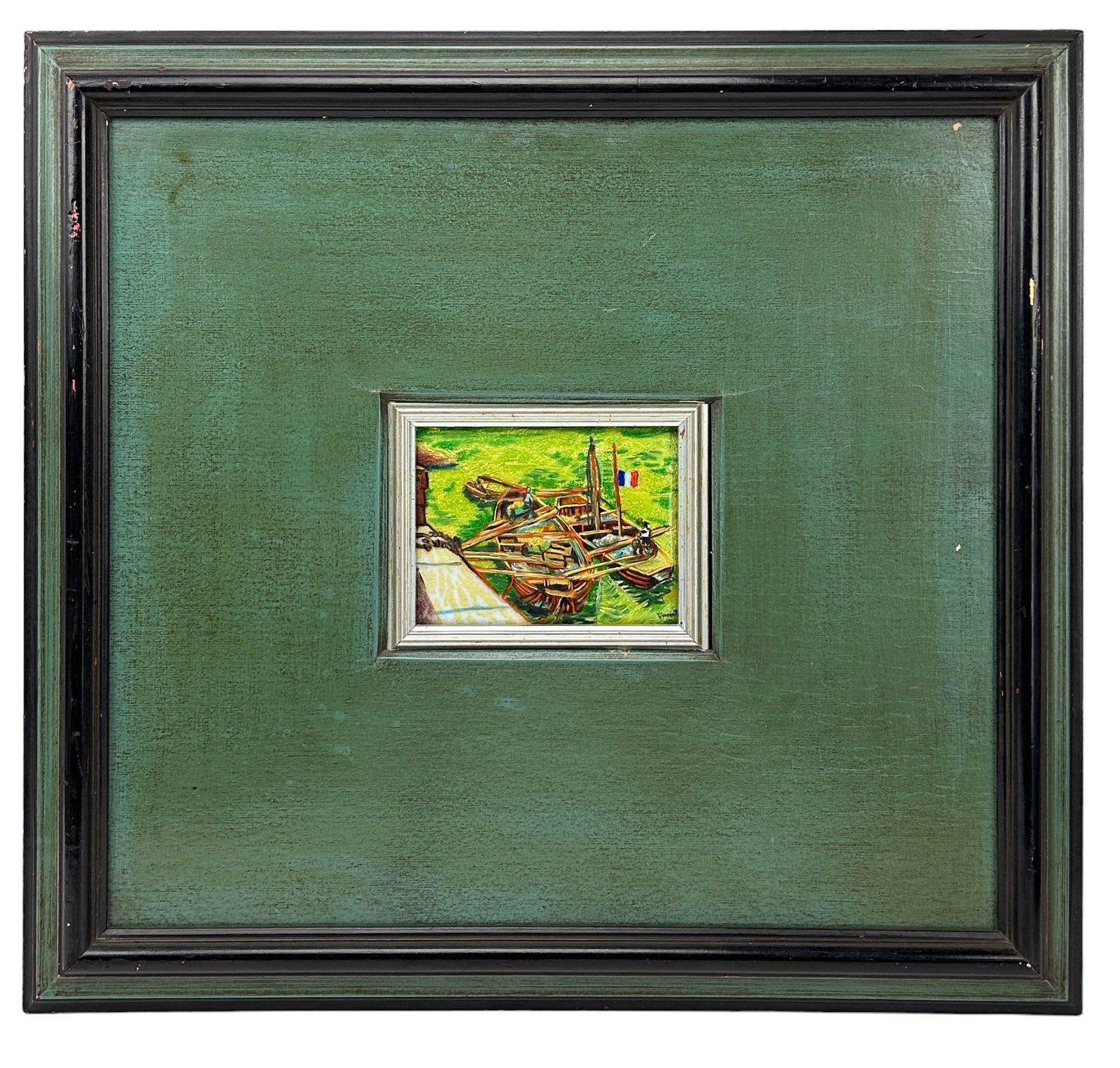 Enamel on Copper Nautical Boat Seascape SIGNED: 20th Century enamel on copper impressionist style painting. Depicts a boat scape scene. Signed lower right corner. Art presented in a dull green and black stepped wooden frame. Work Size: 3.5 x 4.5 in