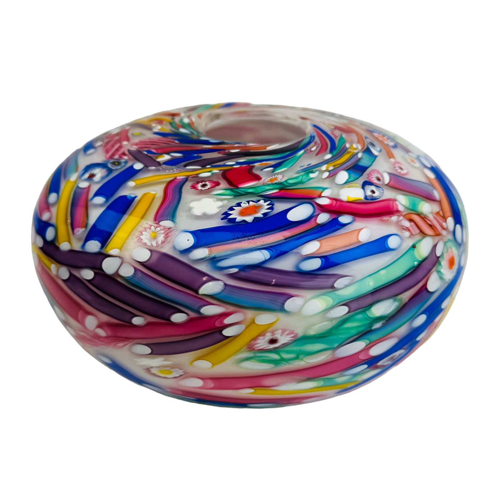 Bruce Freund Murano Millefiori Glass Vase SIGNED: Late 20th century studio artisan hand blown art glass vase by artist Bruce Freund. Features a rounded shaped vessel with an opening in the center atop. Decorated with a multitude of colorful glass rod