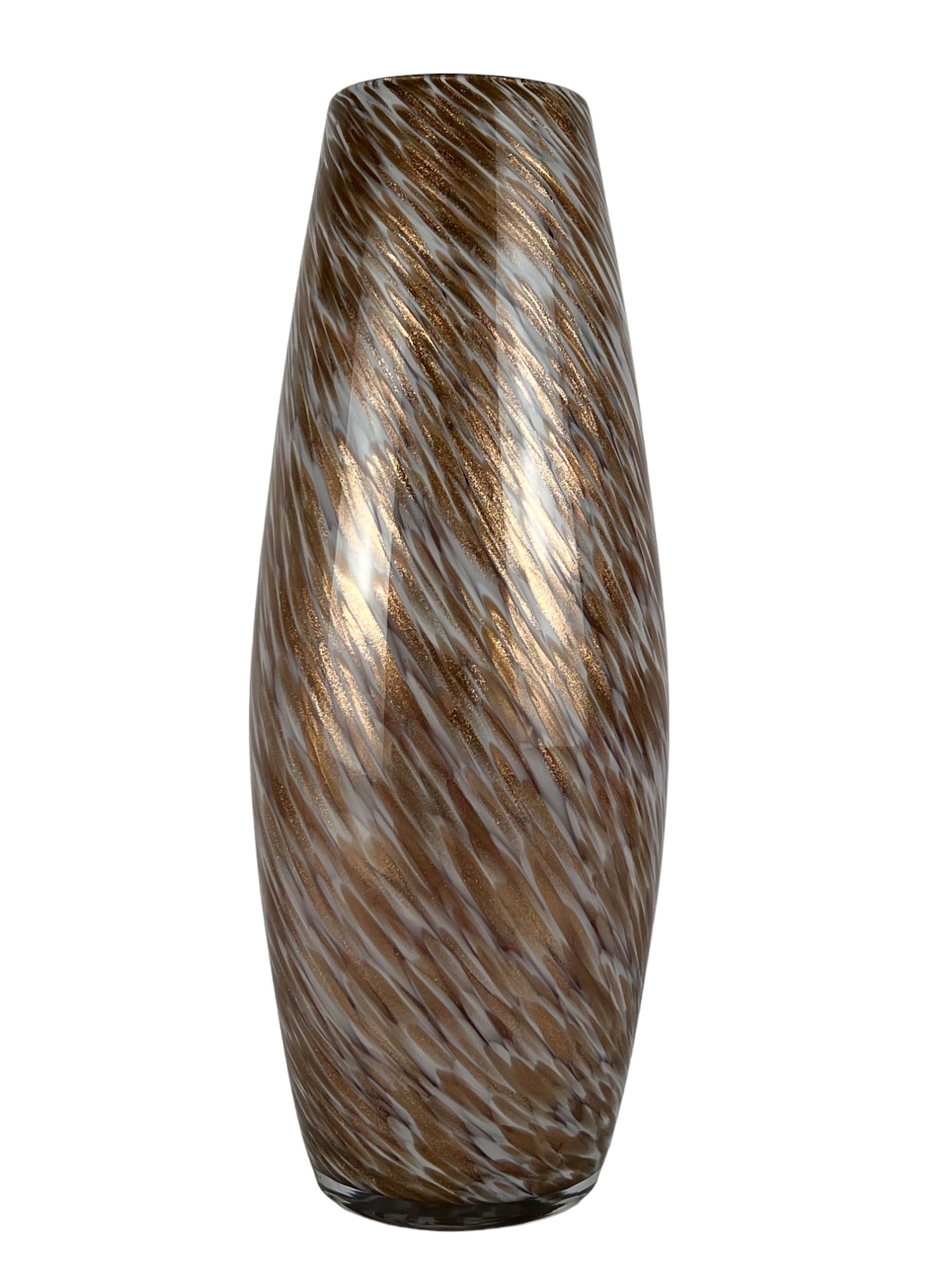Oversized Murano Style Art Glass Copper Dust Vase: An impressive Murano-style art glass vase, featuring a clear cased white body adorned with an embedded, sparkly copper dust swirled pattern. Its oversized and elongated form lends it an air of grandeu