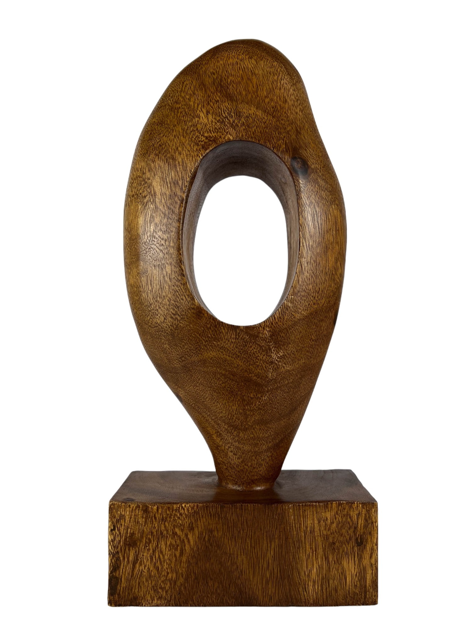 Minimalist Abstract Hand Carved Wood Art Sculpture: This modernist abstract hand-carved wooden art sculpture showcases a smooth, elongated form with a central hole, lending it an organic and minimalist aesthetic. The sculpture is mounted on a rectangul