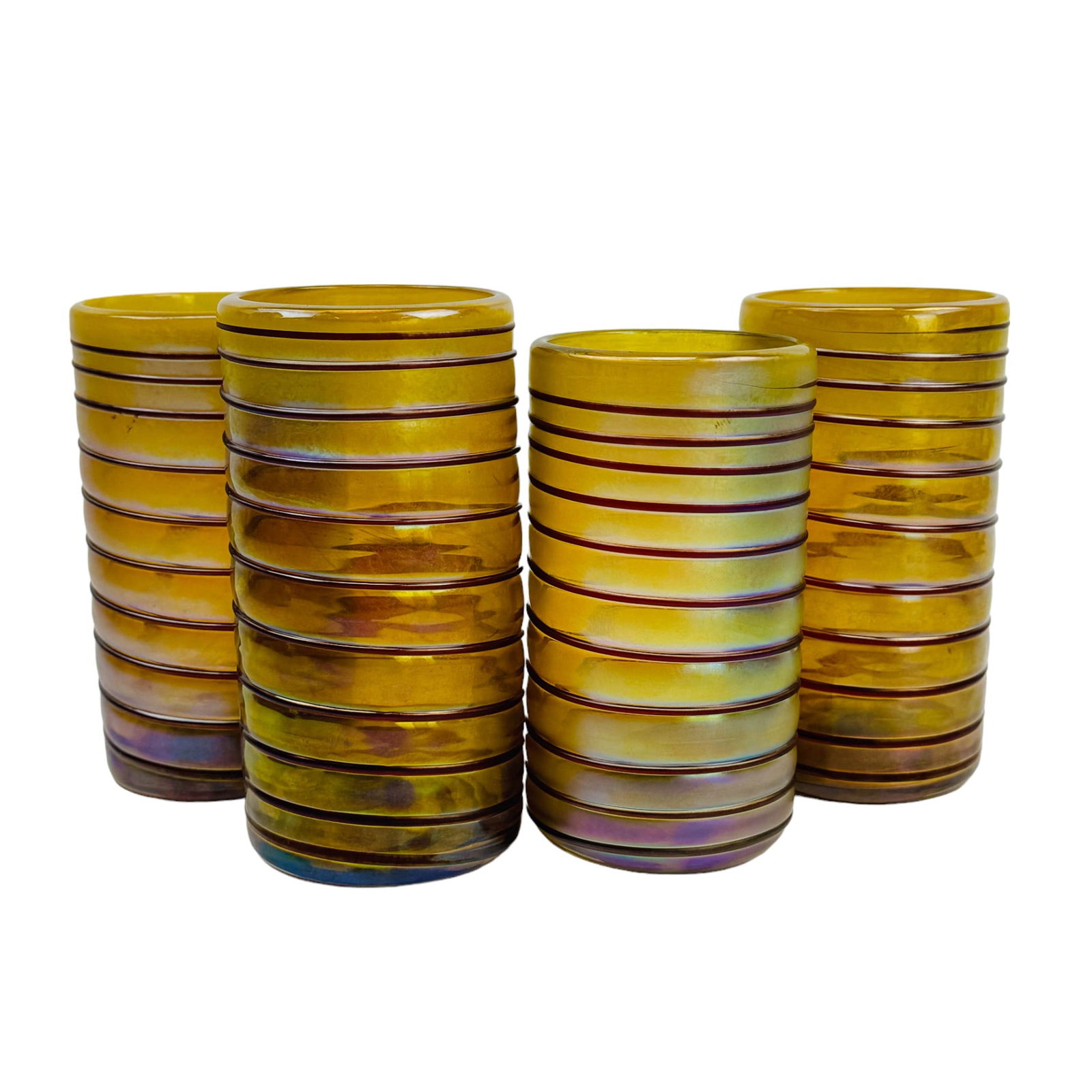 4 Threaded Iridescent Studio Blown Tumblers SIGNED (1 of 5)