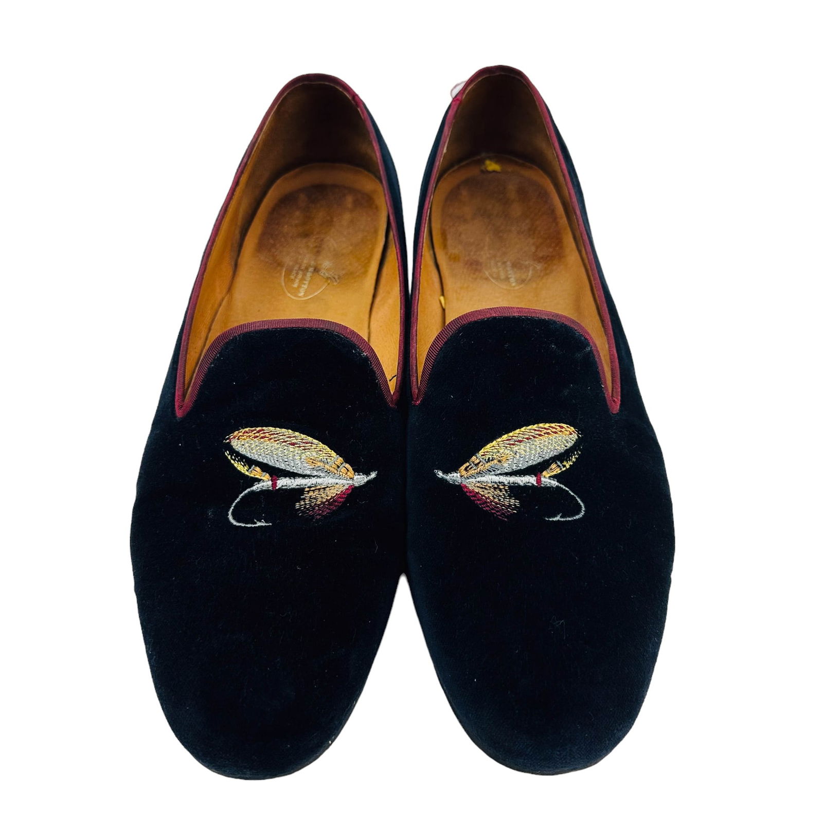 Stubbs Wooton Lure Smoking Loafers & Leather Belt: Includes ~ One (1) Pair of Stubbs and Wooton leather and black felt loafer smoking flats with a fly fishing lure stitched motif. One (1) Zep Pro leather and canvas belt with similar lure tooled and st