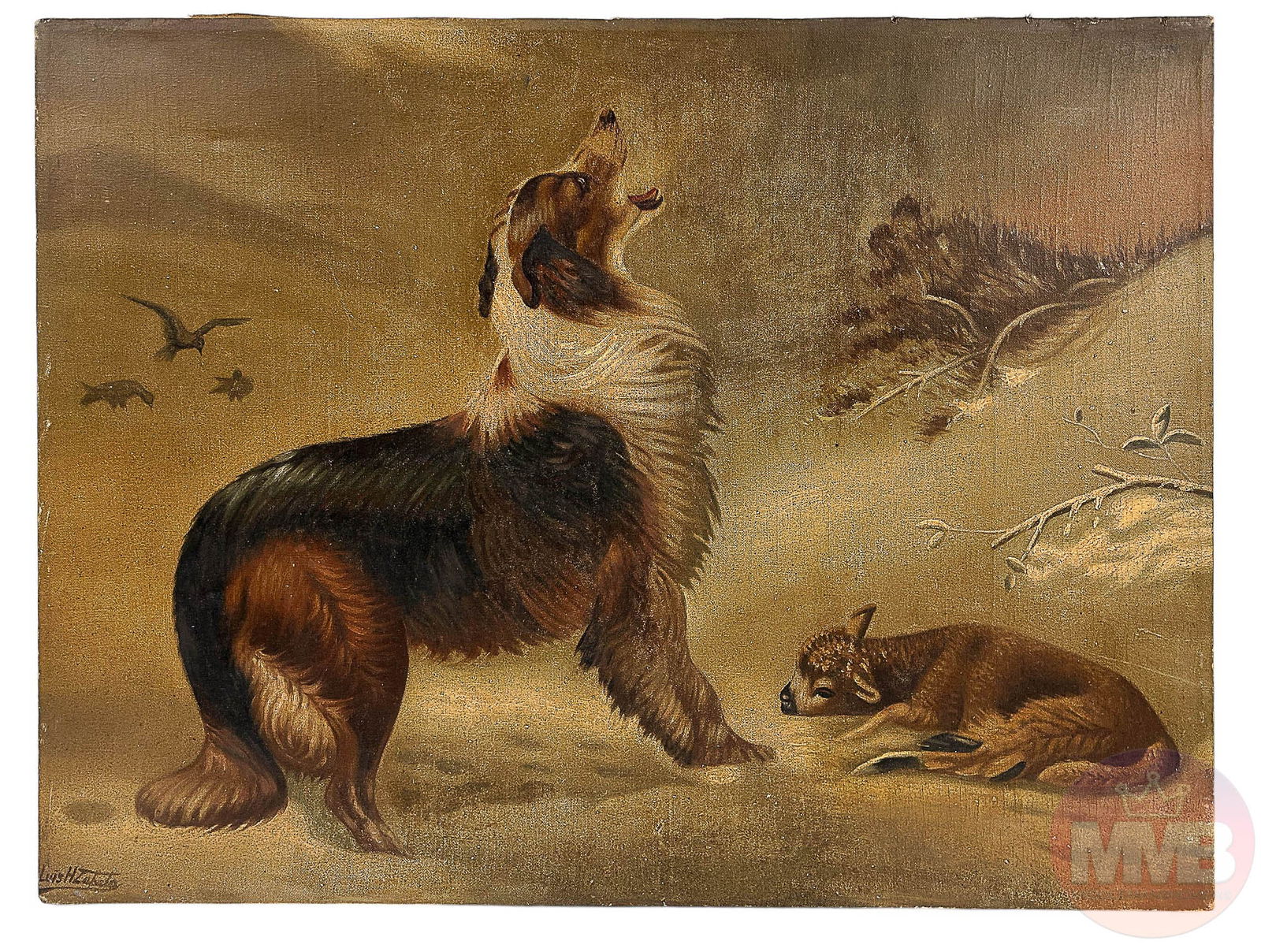 Antique Victorian Oil Painting w Dog & Lamb SIGNED (1 of 4)