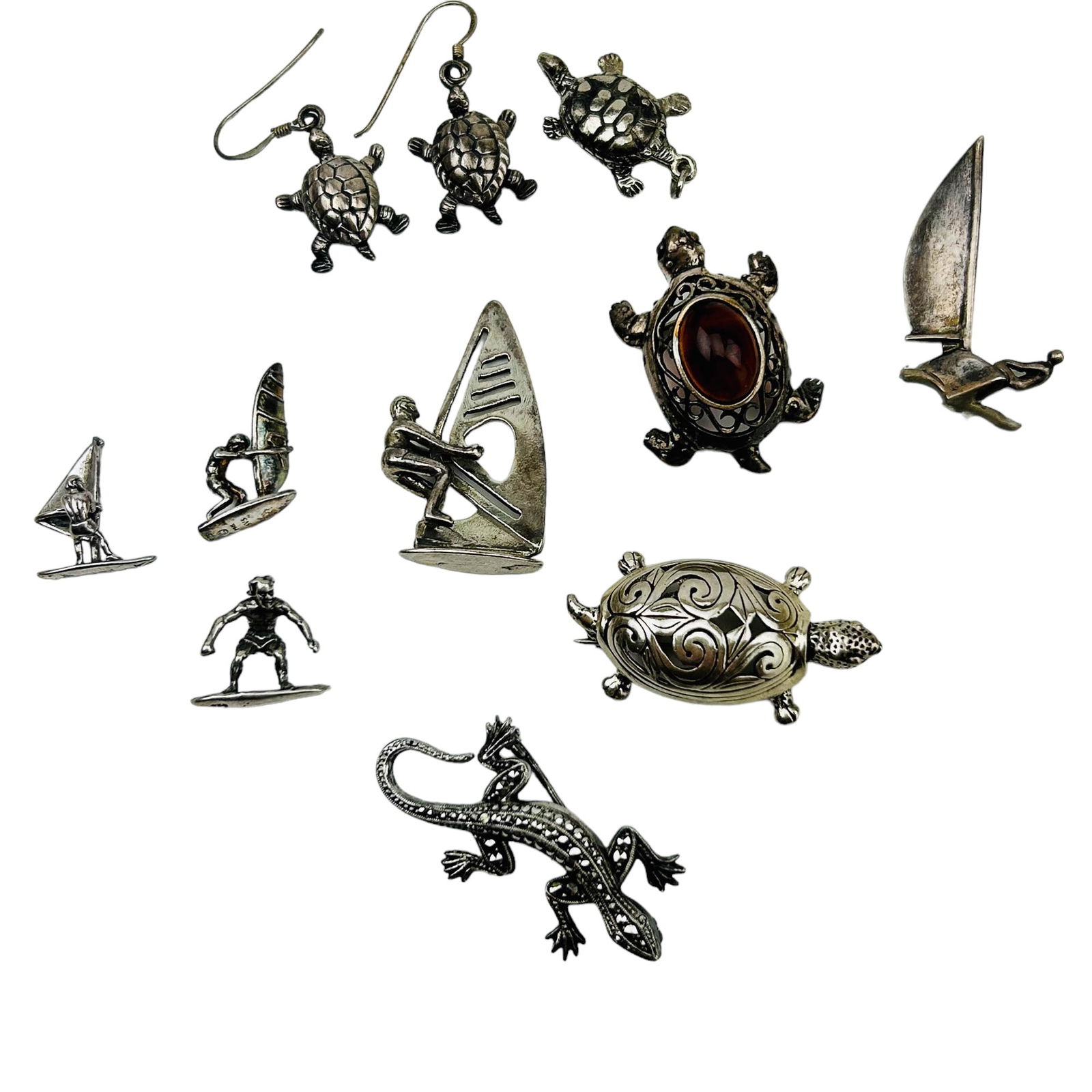 Sterling Turtle Lizard Surfer Pin Earring Pendants (1 of 9)