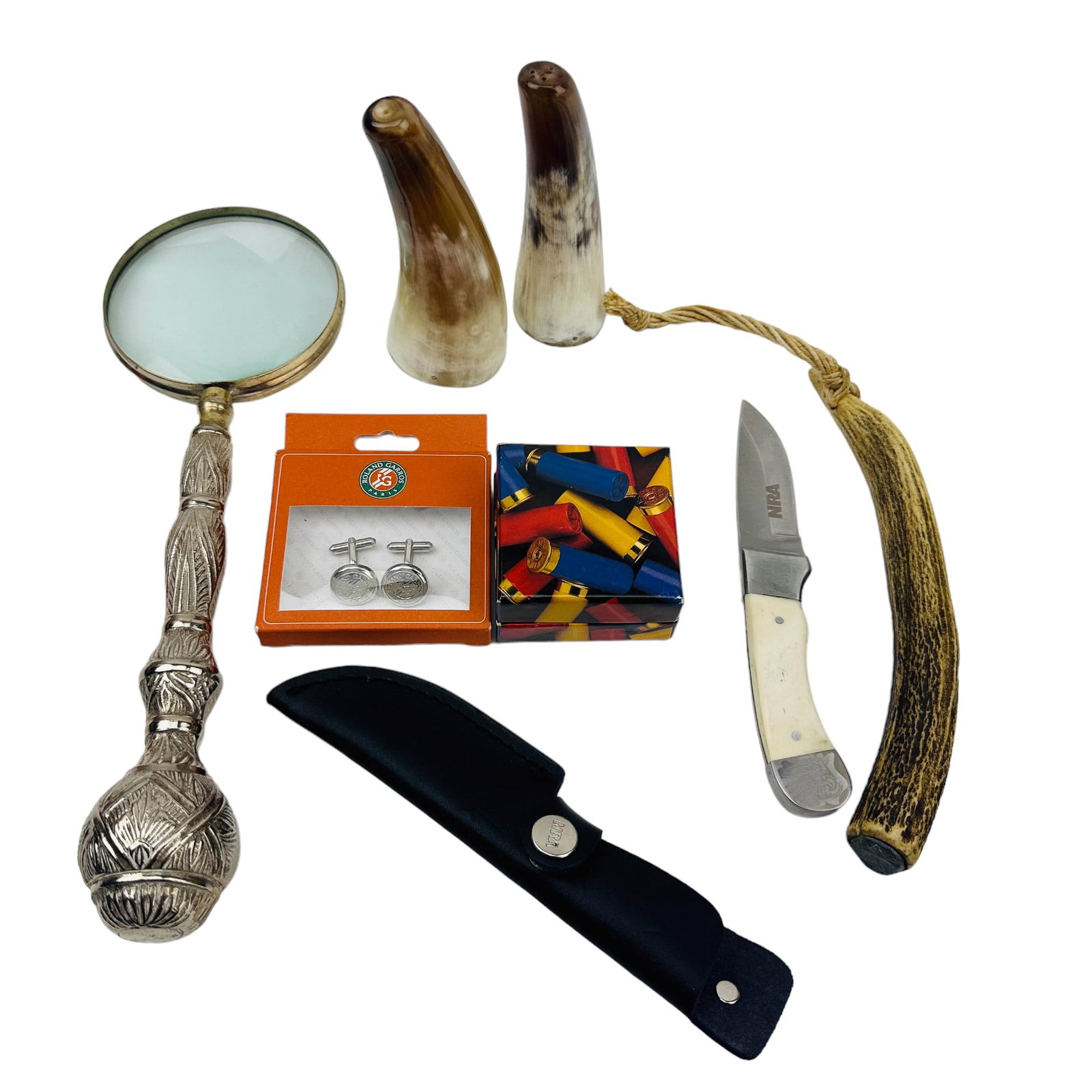 Pocket Knife Magnifier Cufflinks Gentlemen's LOT: Estate collection lot of a total of six (6) decorative as well as utilitarian objects. Includes ~ One (1) Pocket knife stamped NRA (National Rifle Association) and is accompanied in a black leather sh