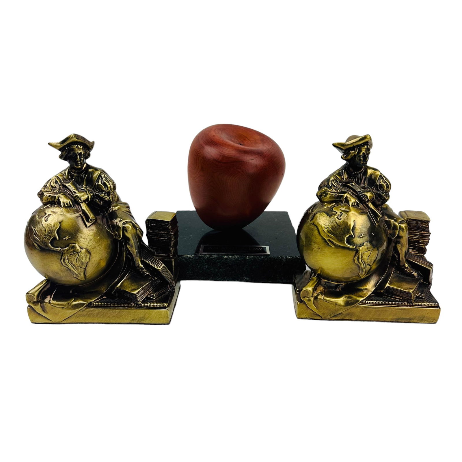 Columbus Art Deco Bookends & Wood Apple Sculpture (1 of 3)