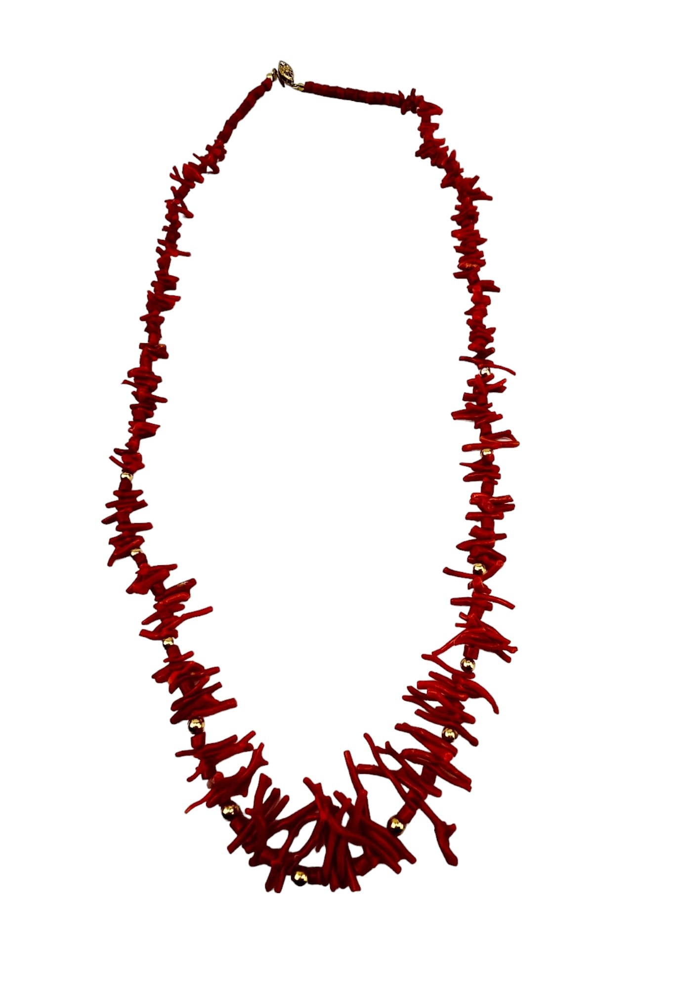 Branch Red Coral 14K Gold Beads & Clasp Necklace: Elegant women's branch coral necklace accented with 14k beads. Evenly spaced and graduated size coral set with intervals of 5mm beads. A beautiful addition of color to any clothing ensemble. Fish hook
