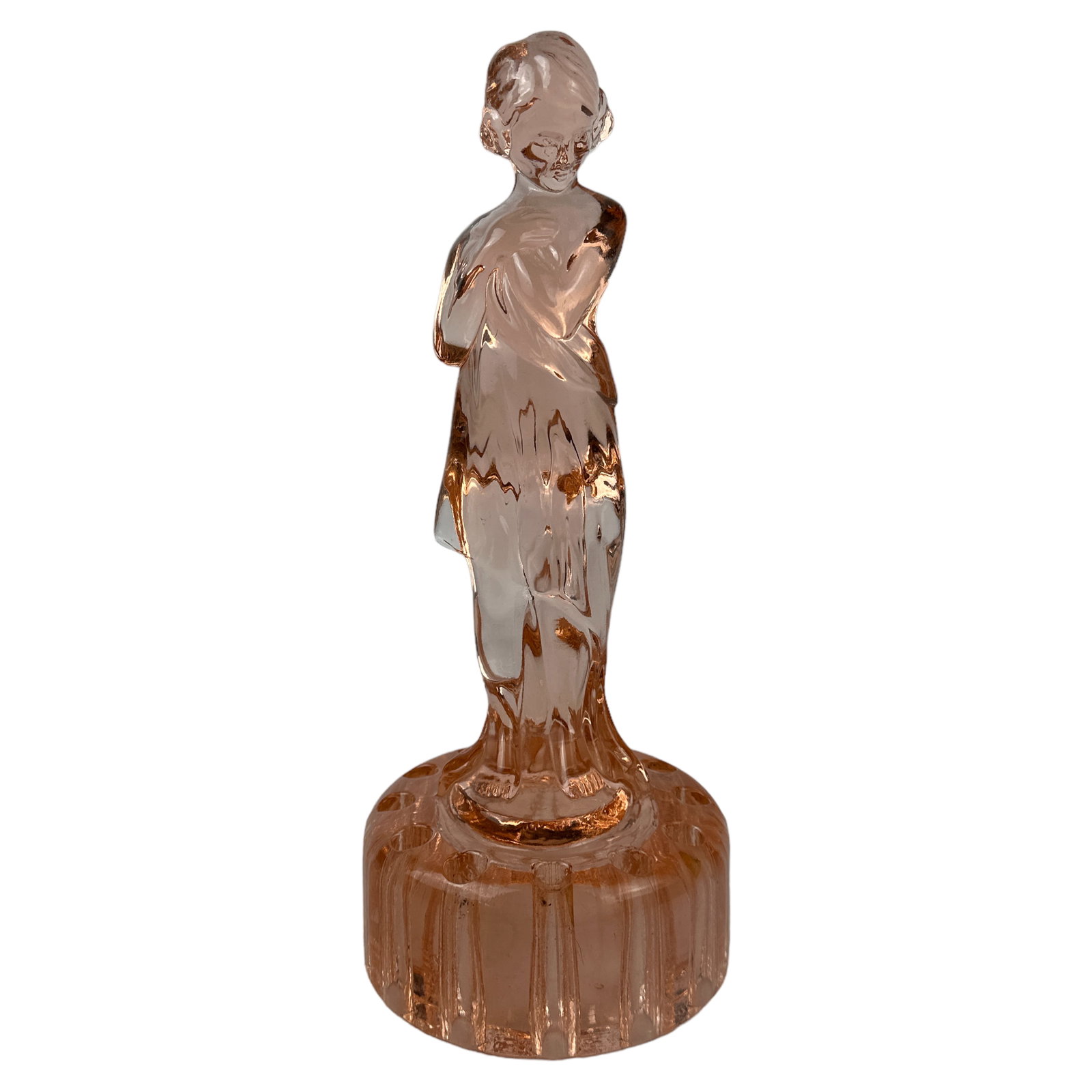 Cambridge Glass Bathing Beauty Flower Frog Statue: A vintage art glass figurine with flower frog base, produced by Cambridge Glass (Ohio). A nude figural sculpture produced in the Art Deco style depicting a female bathing beauty figure, a popular moti