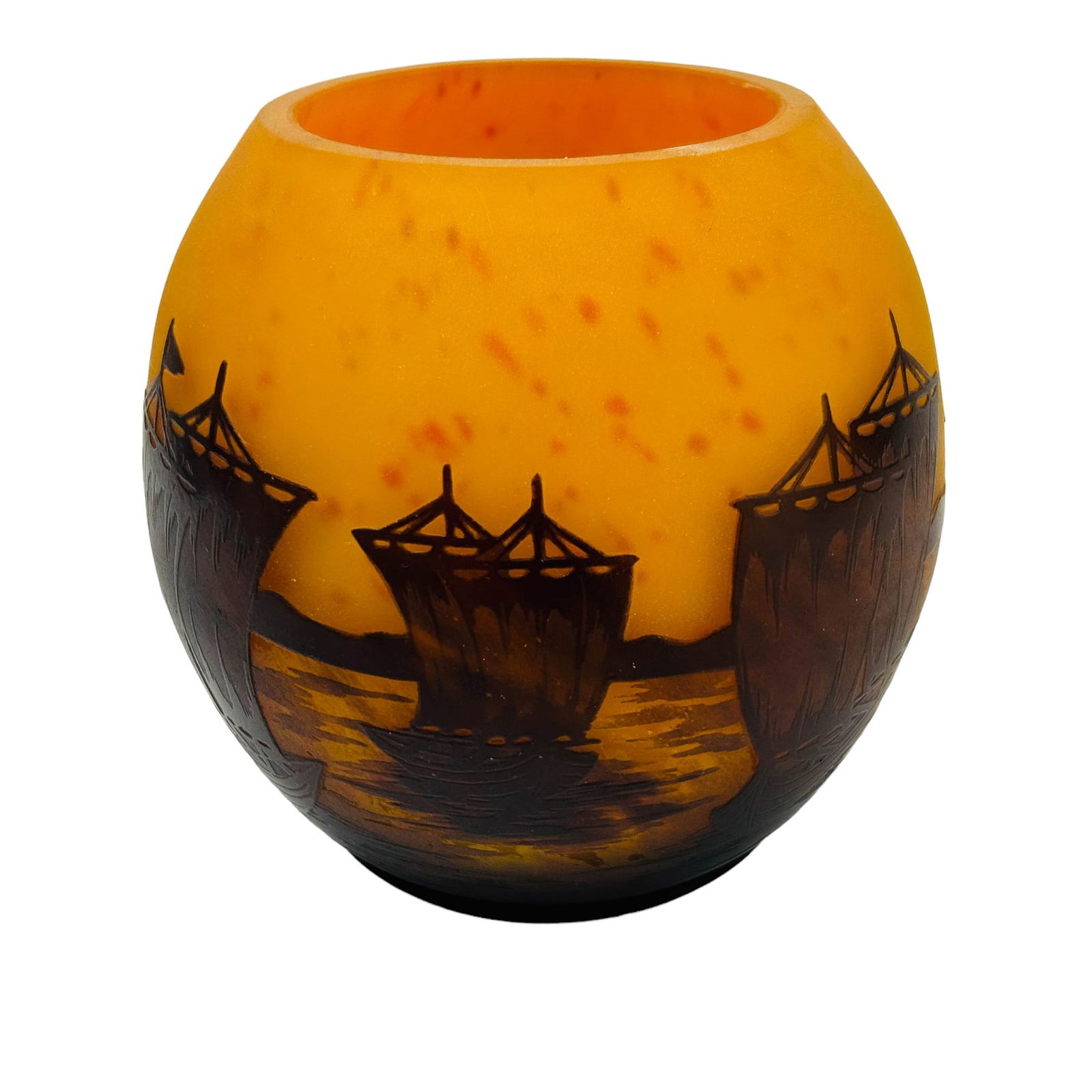 Cameo Art Glass Seascape Ship Boat Vase After Daum: Art Deco frosted rounded glass vase featuring a maritime nautical seascape. Depicts sailing vessels on calm waters against an orange ground with spots. Signed ~ bears a pseudo Daum Nancy mark. Dimensi