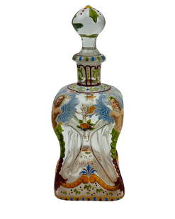 19C Lobmeyr Vienna Polychrome Enamel Pinch Bottle: Late 19th Century (1870 - 1880) Meyr's Neffe for J&L Lobmeyr stoppered pinch bottle / decanter. This so called Glucker bottle graced with hand painted polychrome enamel winged grotesques, fruit, scrol