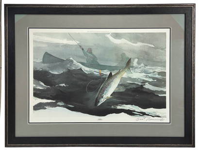 Chet Reneson b1934 Fishing Lithograph SIGNED: Chet Reneson ( American, Born 1934 ). Colored lithograph on paper. Regarded and has become the most widely recognized sporting artist in America. Titled "Adios". Subject matters depicts a fisherman fi