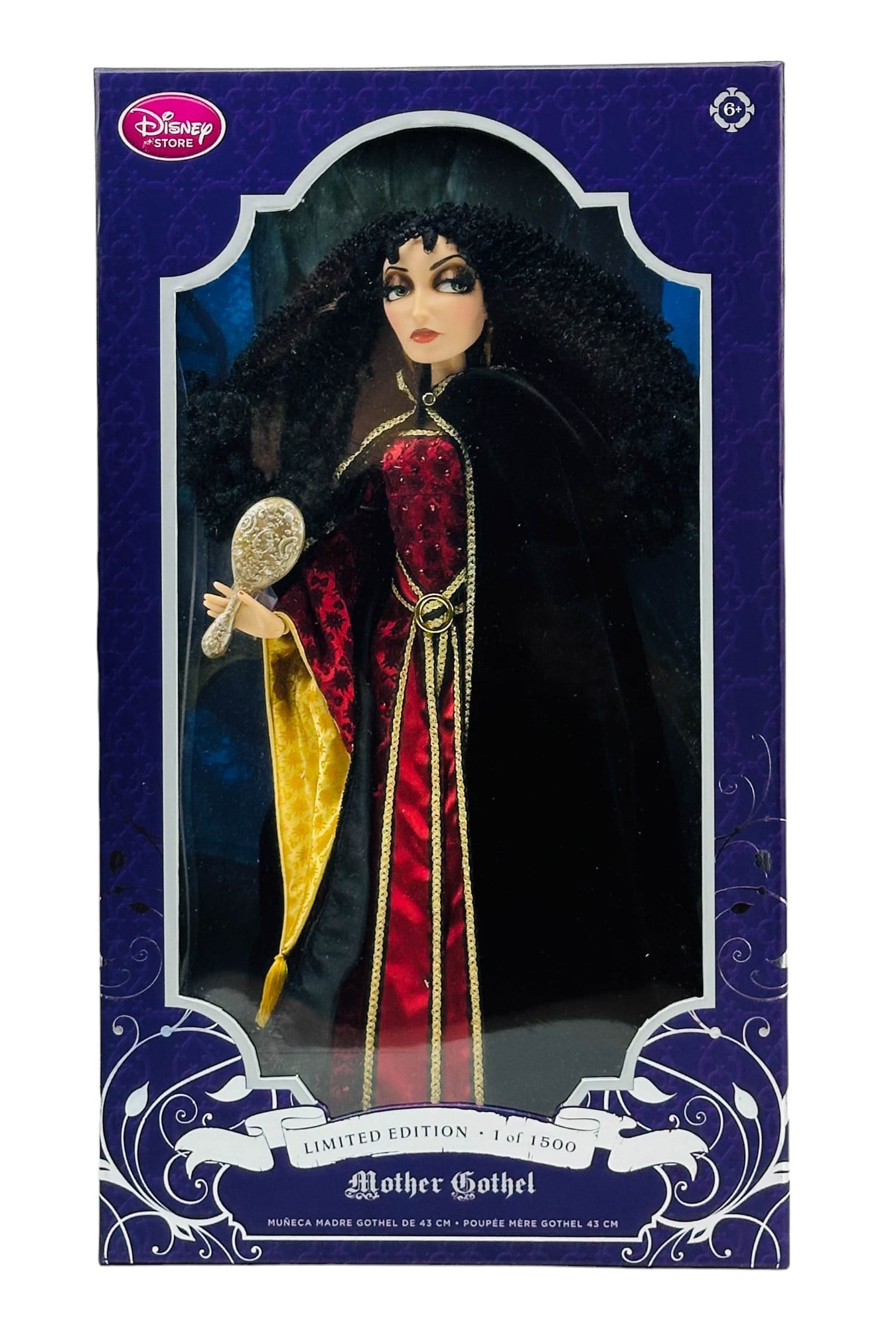 Disney Store Limited Edition Mother Gothel LE Doll: Features the fictional character Mother Gothel, from the feature film "Tangled". Exquisitely draped in a gown of deep garnet satin, festooned with a rich tonal brocade pattern and finished with glitte