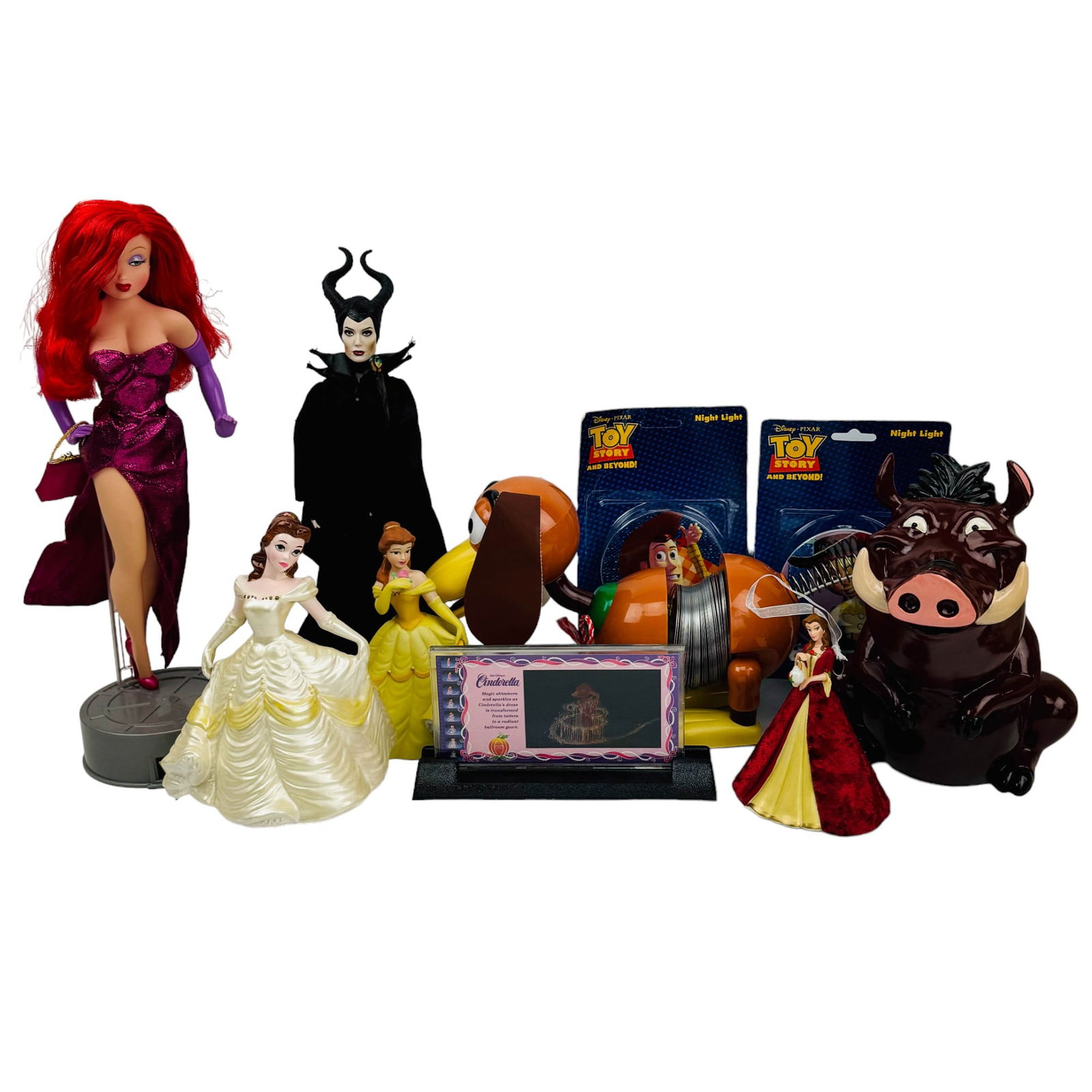 Walt Disney Pixar Figurine Night Light Doll 10pc: Estate collection lot of Walt Disney collectible displays. Includes ~ One (1) Hallmark Belle porcelain ornament. One (1) Belle porcelain figurine. One (1) Schmidt Beauty and the Beast music box. One (