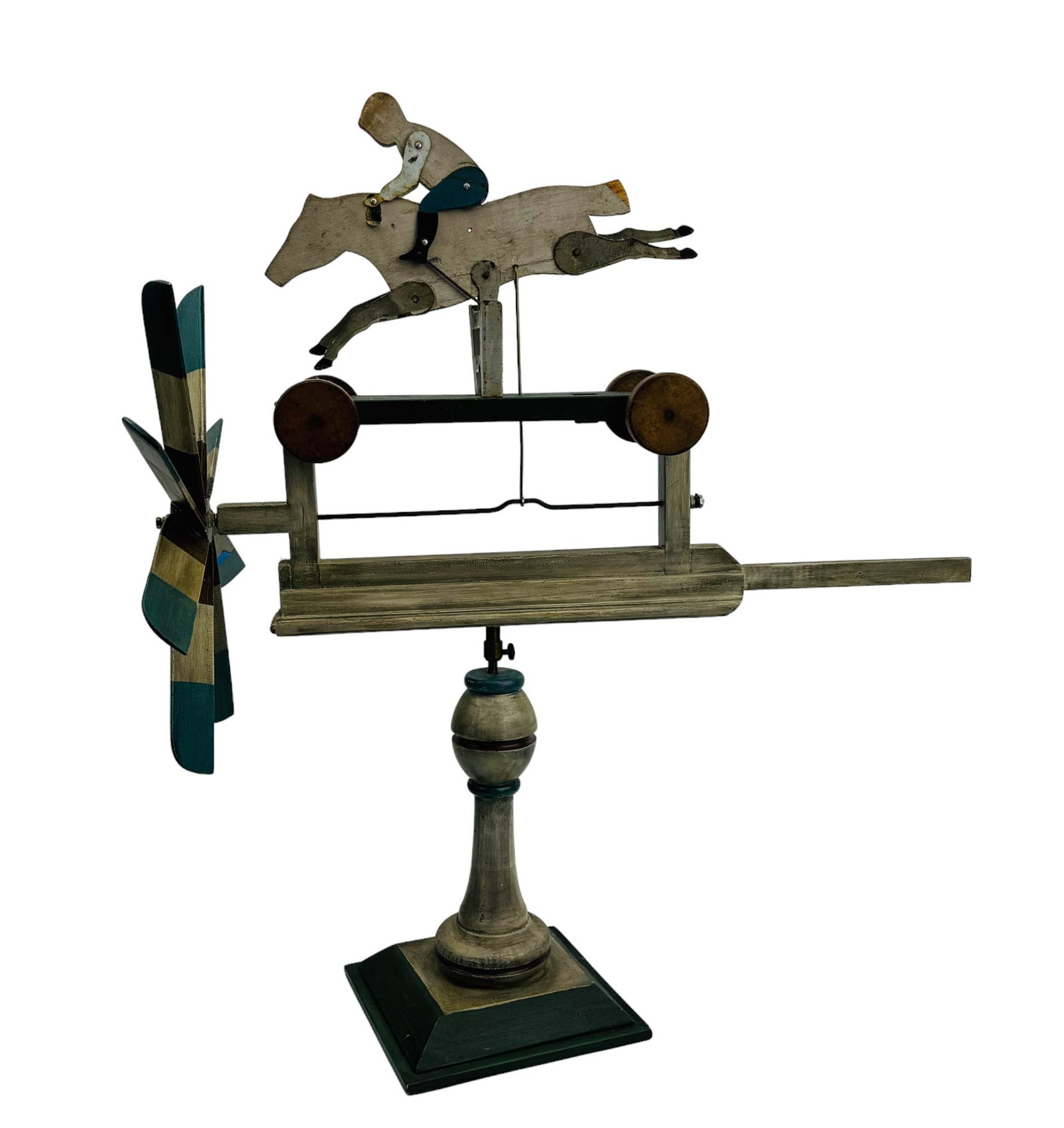 Folk Art Jockey Riding Horse Wood Whirligig SIGNED: 20th century artisan studio handcrafted and painted wood whirligig. Features a jockey on horseback. When the wind blows and the blades turn, the jockey bounces up and down, while the horse appears to 
