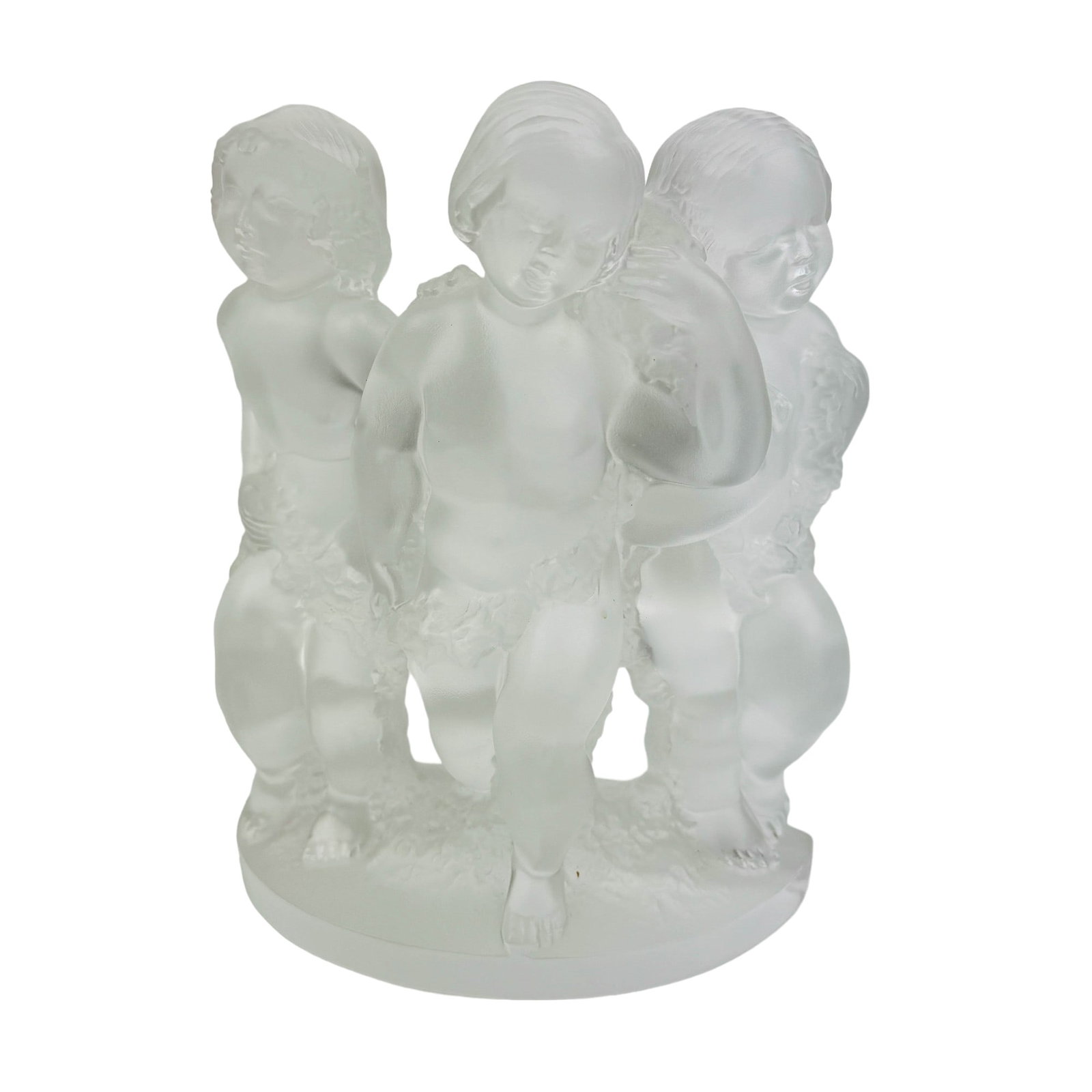 Lalique Crystal Luxembourg Nude Cherub Sculpture: 20th century France French frosted crystal art glass sculpture. Titled : Luxembourg. Depicts a relief of three (3) mythological heavenly nude putti angels in standing pose, joined together by holding 