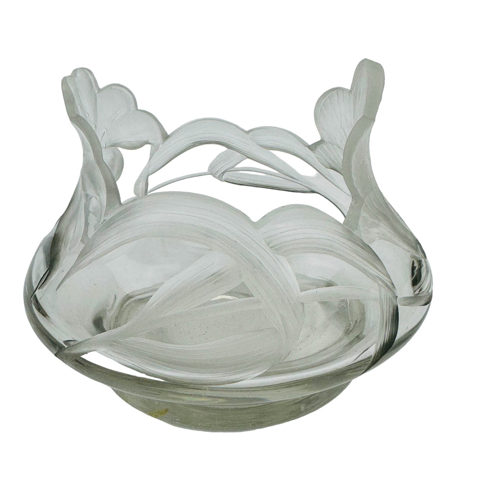 Art Nouveau Lalique Style Frosted Lily Glass Vase: Early 20th century studio artisan hand blown decorative crystal art glass bowl. Features a frosted fully bloomed exotic lily flower with satin finish on opposite sides with long stem leaves on adjacen