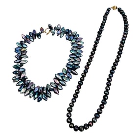 Freshwater Black Peacock Pearl Necklace 2pc LOT