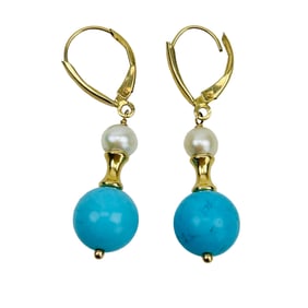 Pearl Blue Turquoise 14K Gold Dangle Earrings PAIR