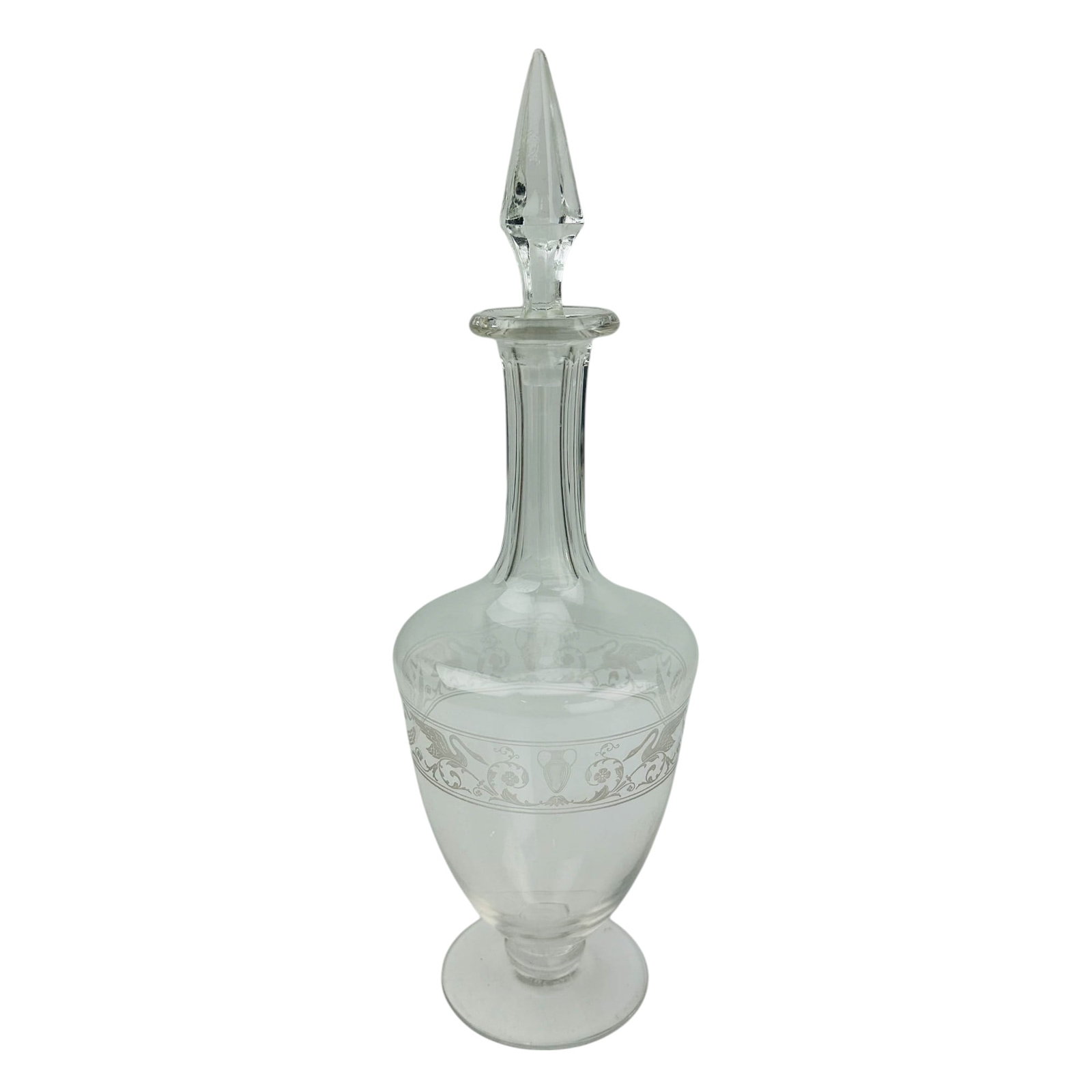 Baccarat Crystal Etched Swan Urn Wreath Decanter: 20th century clear French crystal art glass bar barware cognac alcohol liquor decanter. Modeled with an elongated panel neck over sloped shouldered body with an etched swan, scroll floral, vase, star,