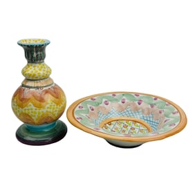Mackenzie Childs Ceramic Pottery Bowl & Vase 2pc