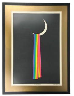 Patrick Hughes b.1939 Over The Moon LE Screen Print: Patrick Hughes ( English, Born 1939) Colored Screen Print on Wove. Titled : Over The Moon. Is one of a series of works executed by the artist in the 1970's when Hughes was preoccupied with the rainbow