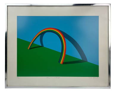 Patrick Hughes b.1939 Rainbow Colored Screen Print: Patrick Hughes ( English, Born 1939) Colored Screen Print on Wove. Titled : Leaning on a Landscape. Is one of a series of works executed by the artist in the 1970's when Hughes was preoccupied with th
