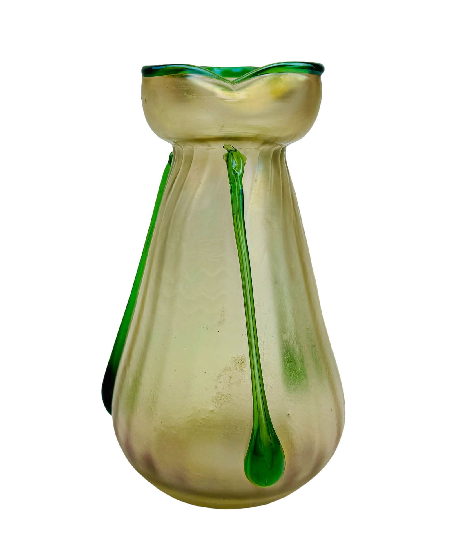 Loetz Austrian Art Nouveau Iridescent Glass Vase: Early 20th century European origin studio artisan hand blown art glass vase. Modeled with a warm Art Nouveau inspired design. Features applied emerald green colored teardrop decorations to the vertica